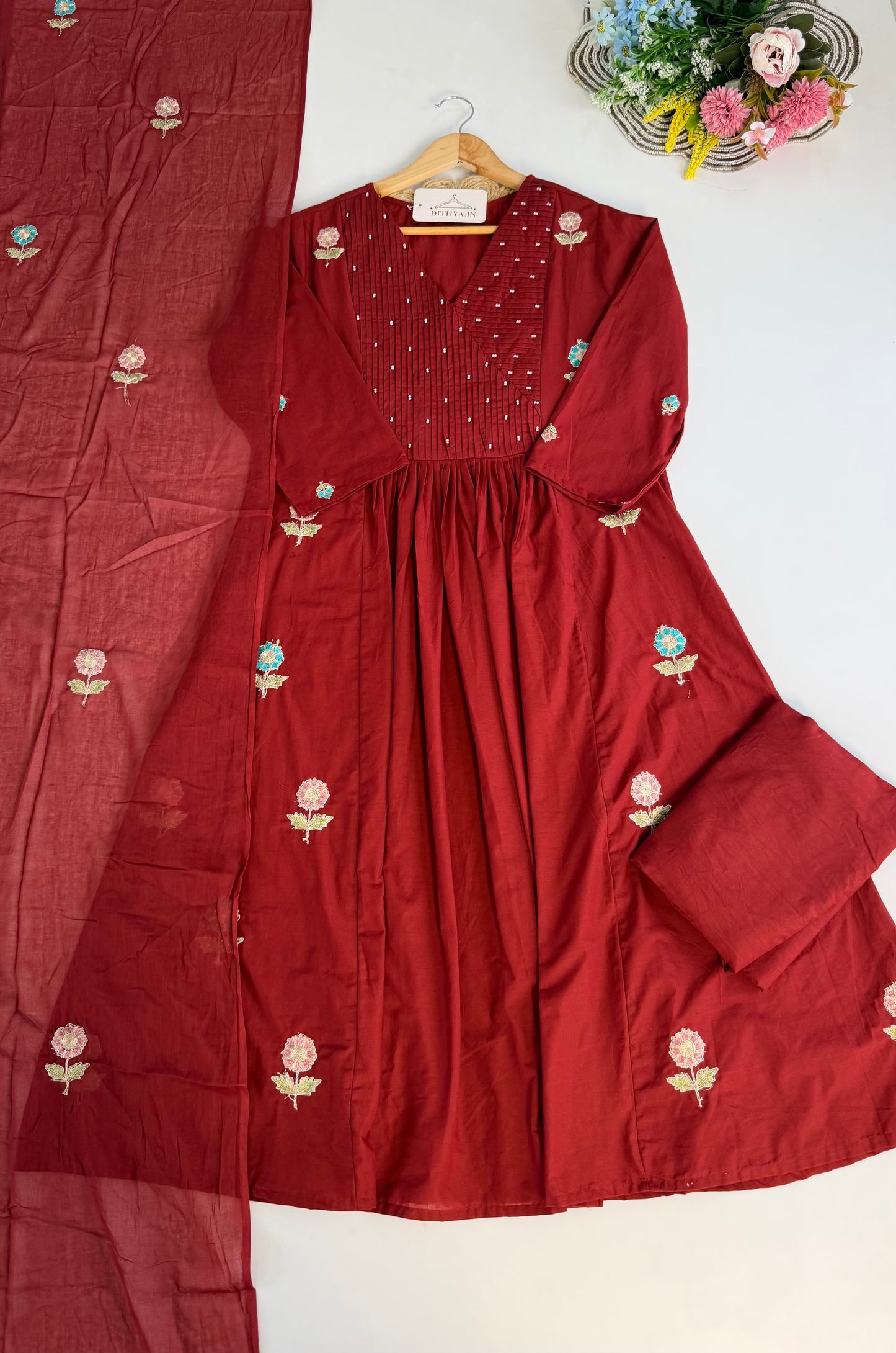 K651 - Mul cotton embroidered Anarkali with pants and dupatta