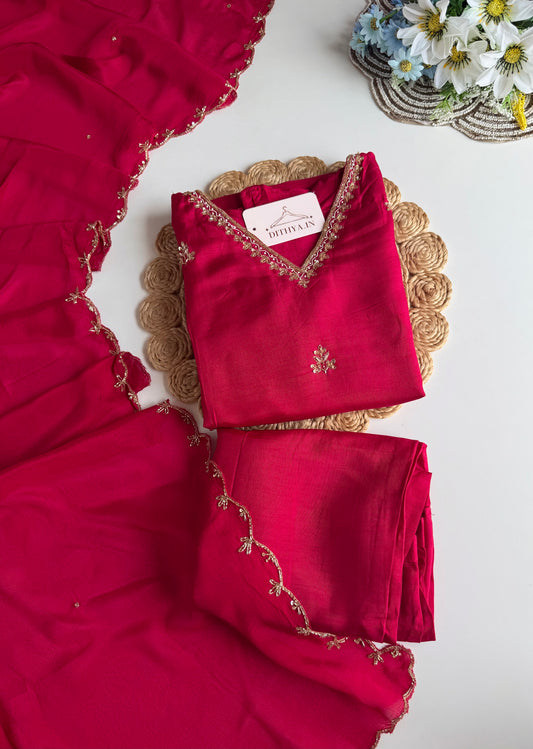 K126 - Russian silk handwork Aline Kurti with pants and dupatta in 2 colours