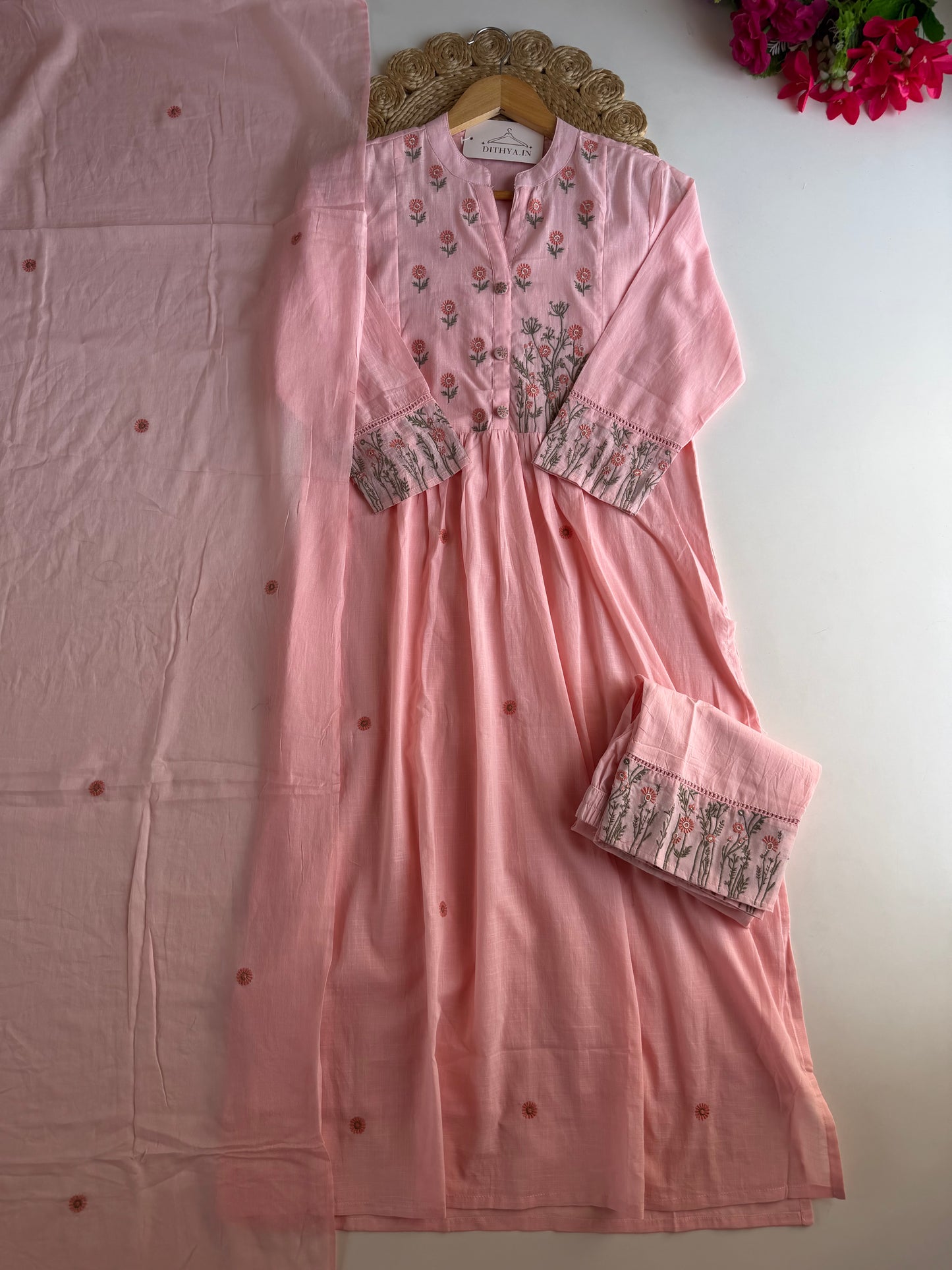 K281 - Mul cotton embroidered Anarkali with pants and dupatta