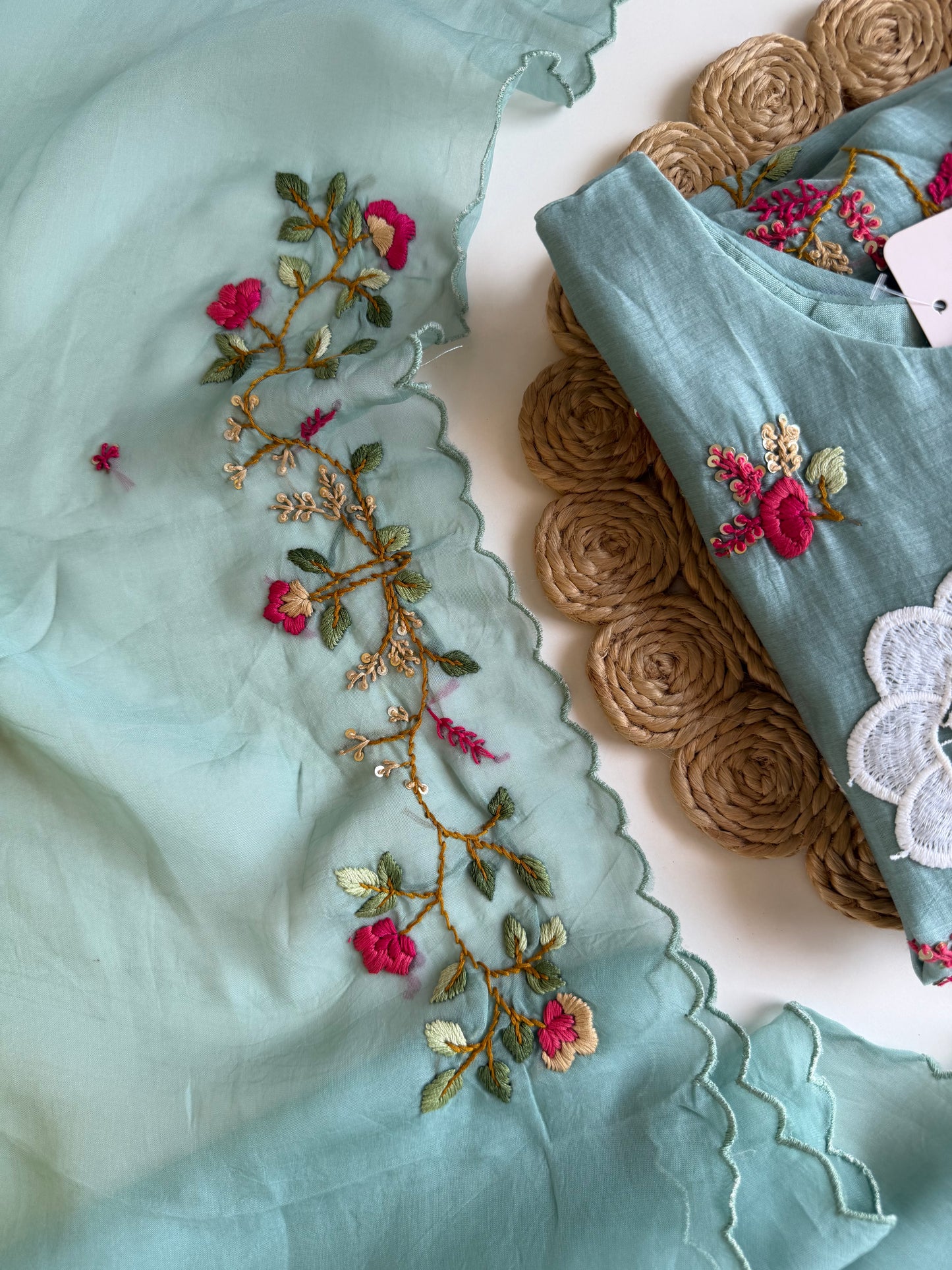 K411 - Mul chanderi appliqué embroidered Aline Kurti with pants and dupatta