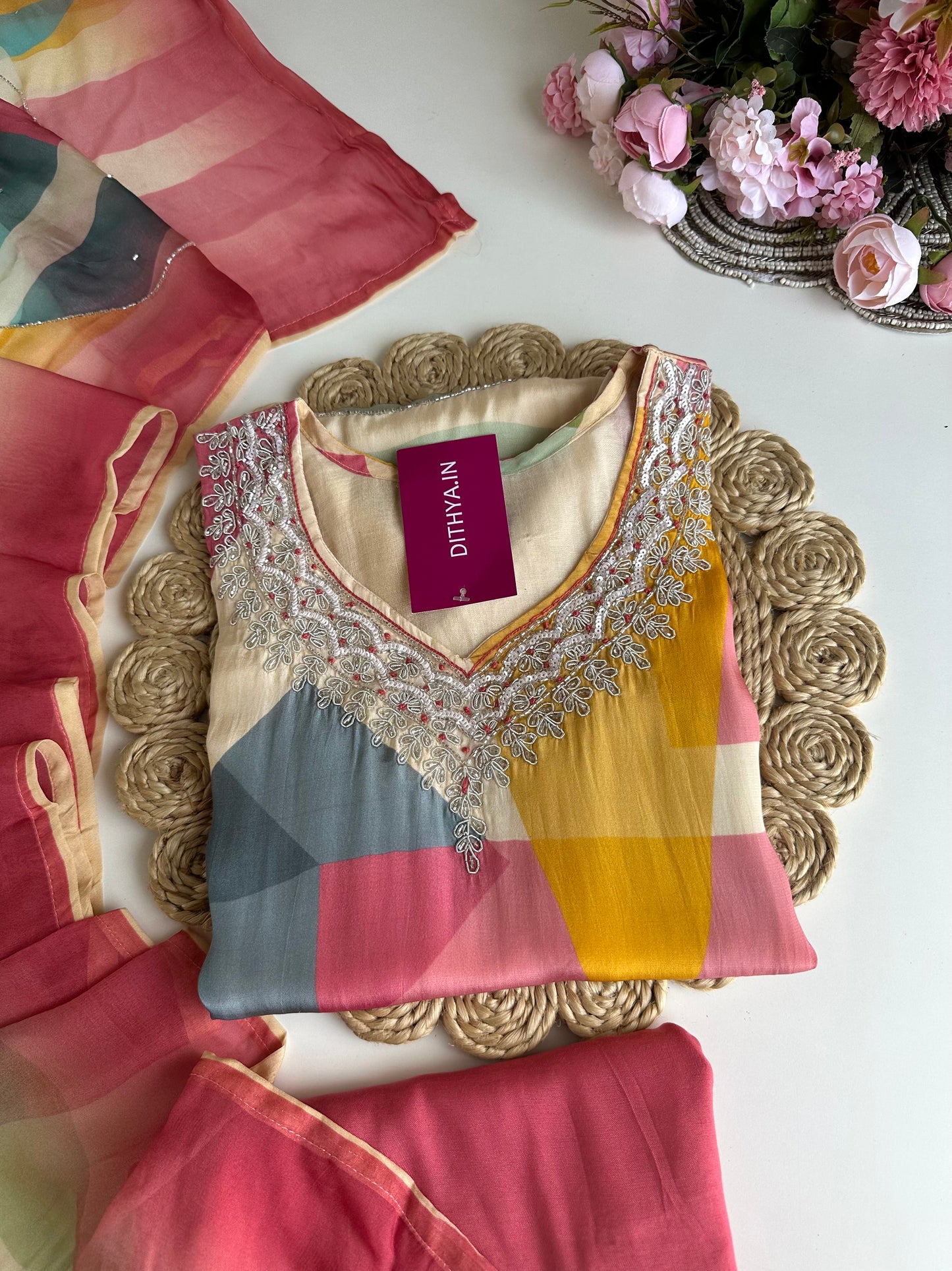 K025 - Pure crape handwork straight Kurti with pants and dupatta