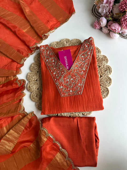 K332 - Mul Chanderi handwork Aline Kurti with pants and gaji organza dupatta