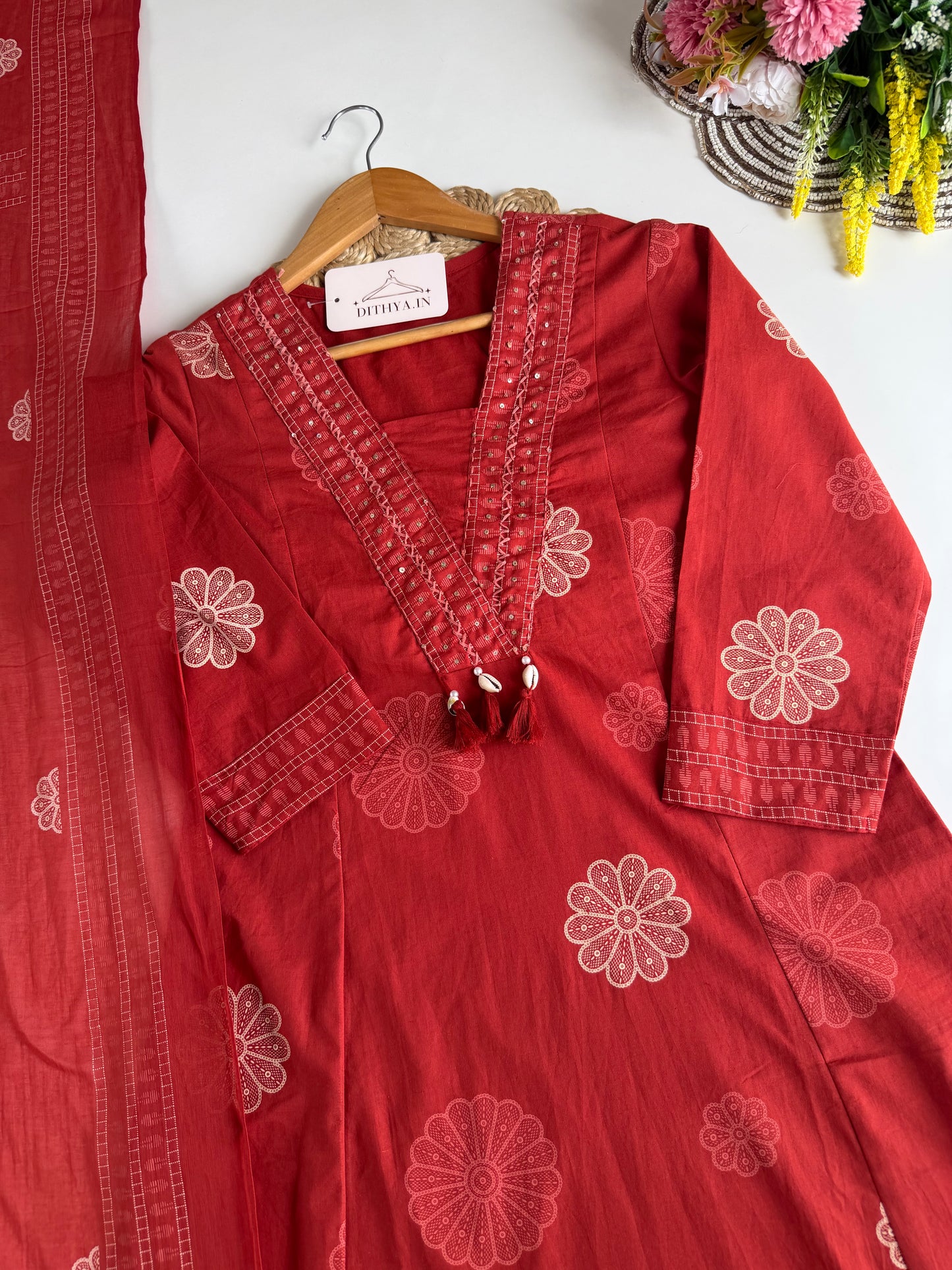 K657 - Mul cotton embroidered Aline Kurti with pants and dupatta in 2 colours