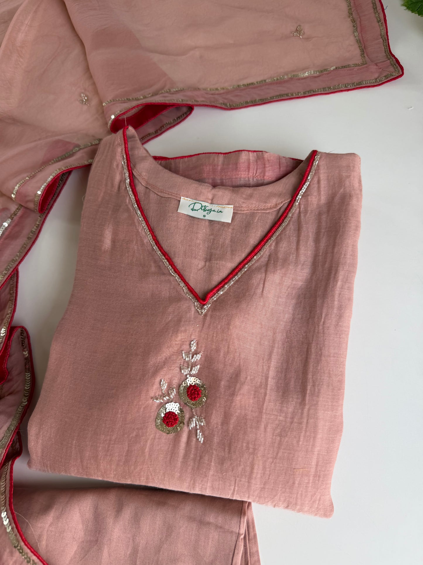 K484 - Mul chanderi handwork aline Kurti with pants and dupatta