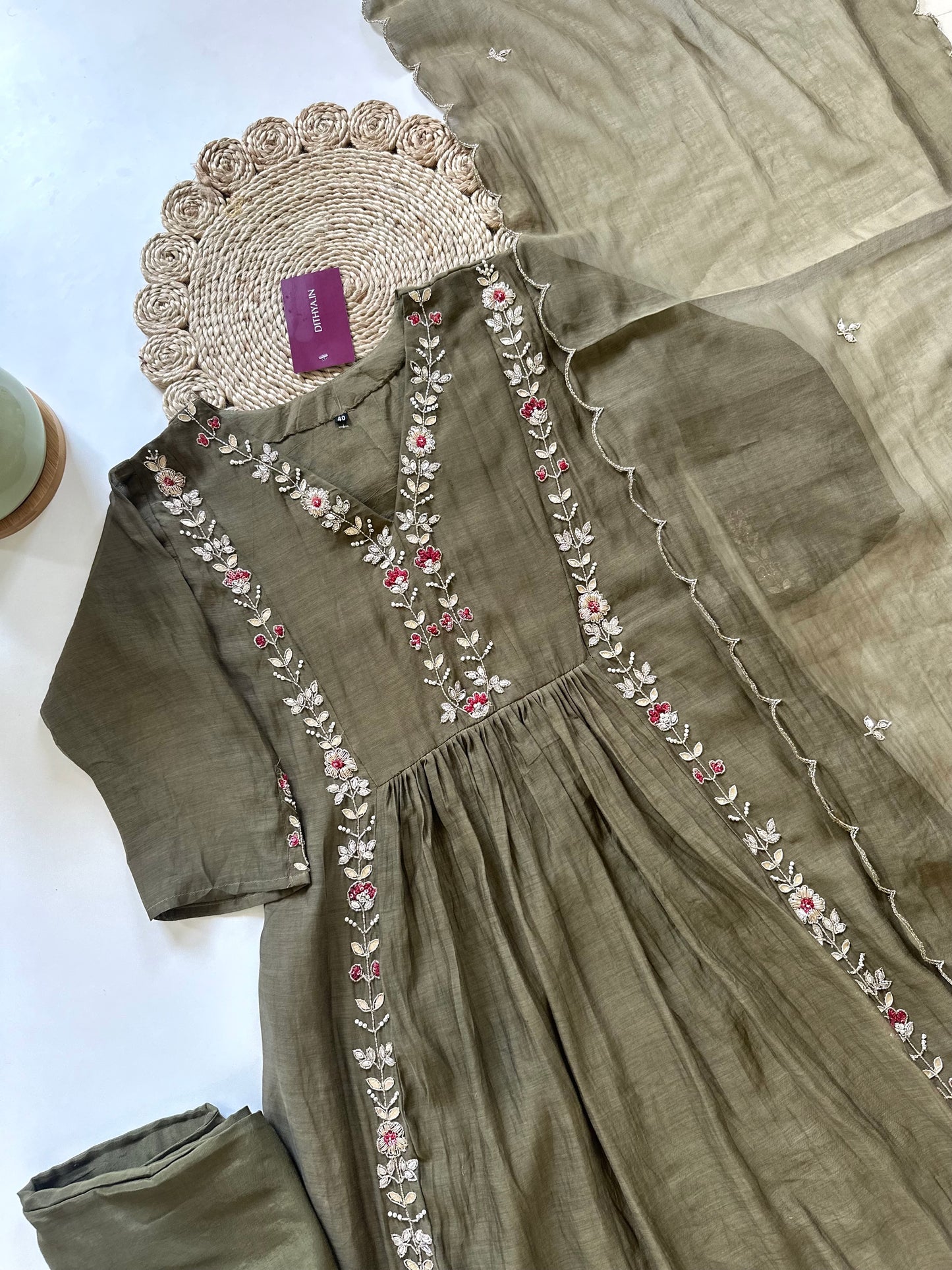 K257 - Mul Chanderi Gota work Anarkali with pants and dupatta .