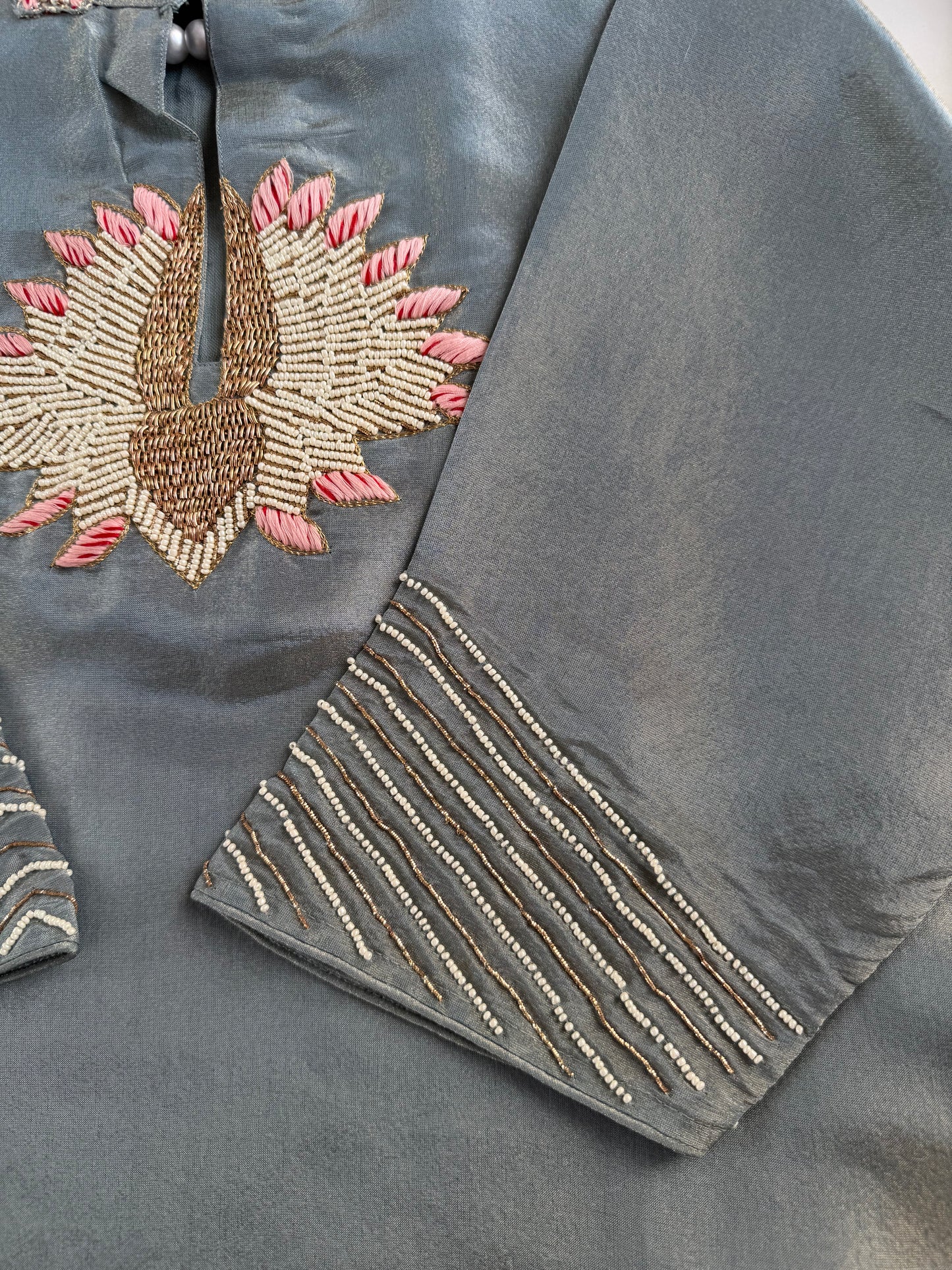 K229 - Tissue silk handwork short Kurti with divider pants and dupatta