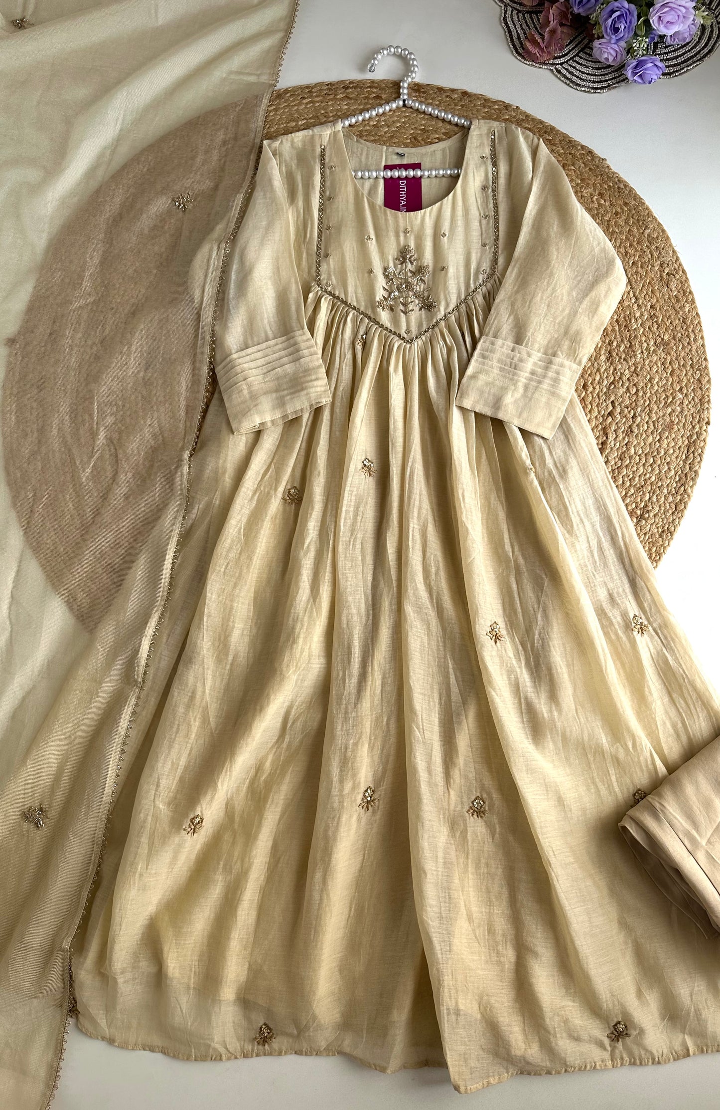 K120 - Mul Chanderi Handwork Anarkali with pants and dupatta