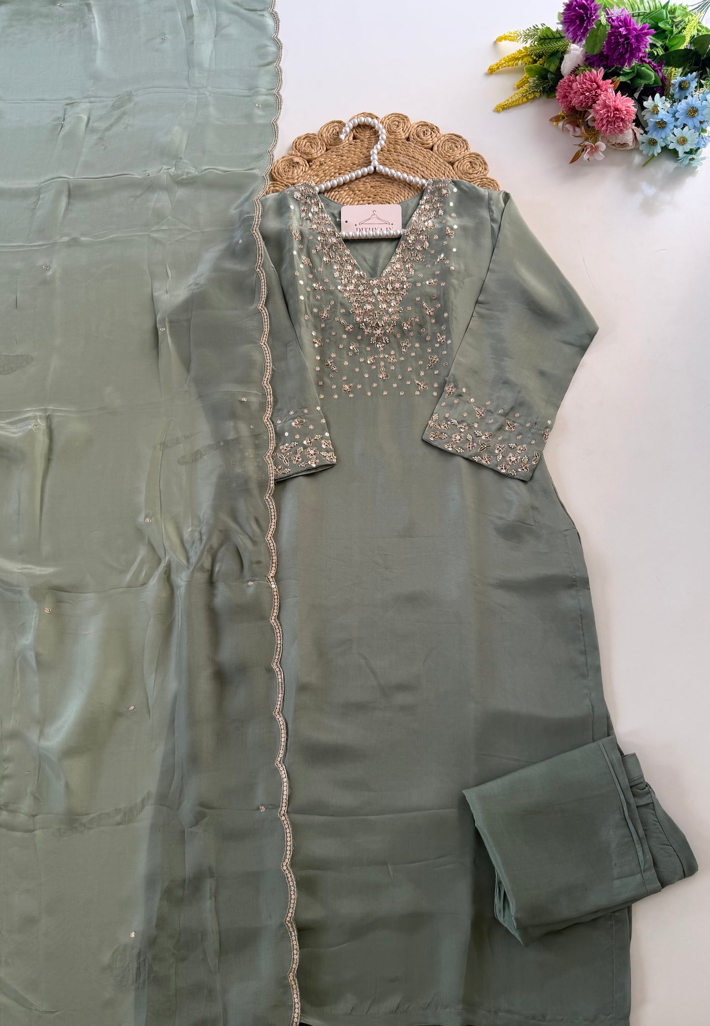 K082 - Ho silk Handwork straight Kurti with pants and dupatta