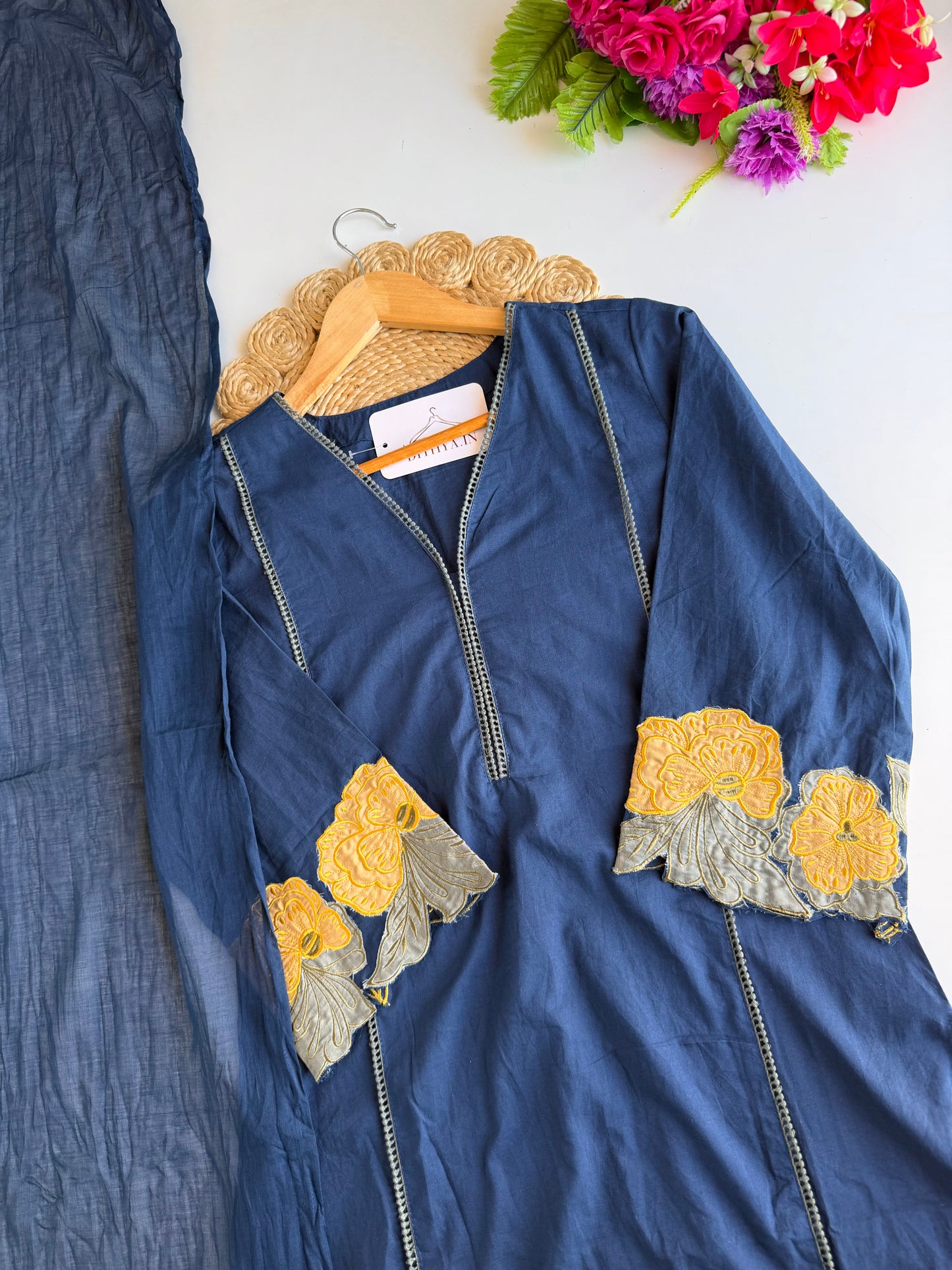 K252 - Mul cotton embroidered Aline Kurti with pants and dupatta