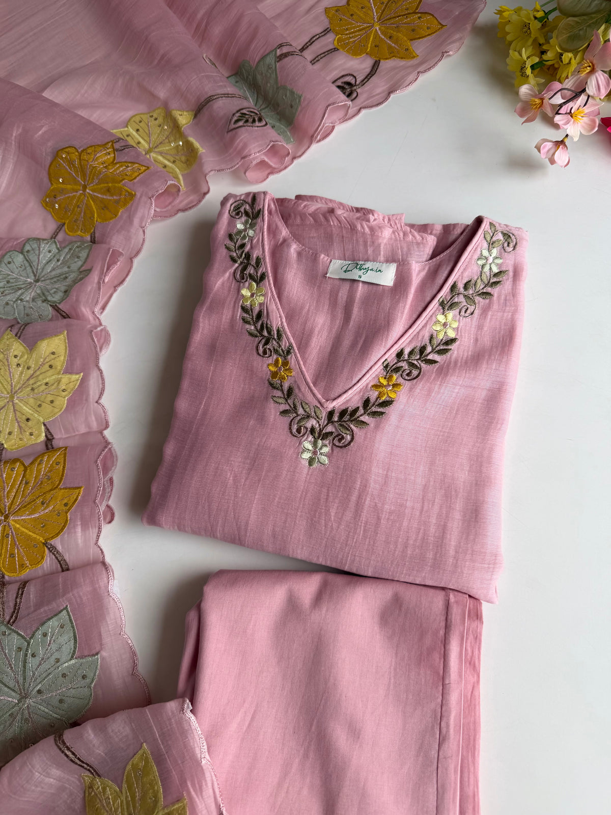 K185 - Mul chanderi appliqué embroidered Aline Kurti with pants and dupatta