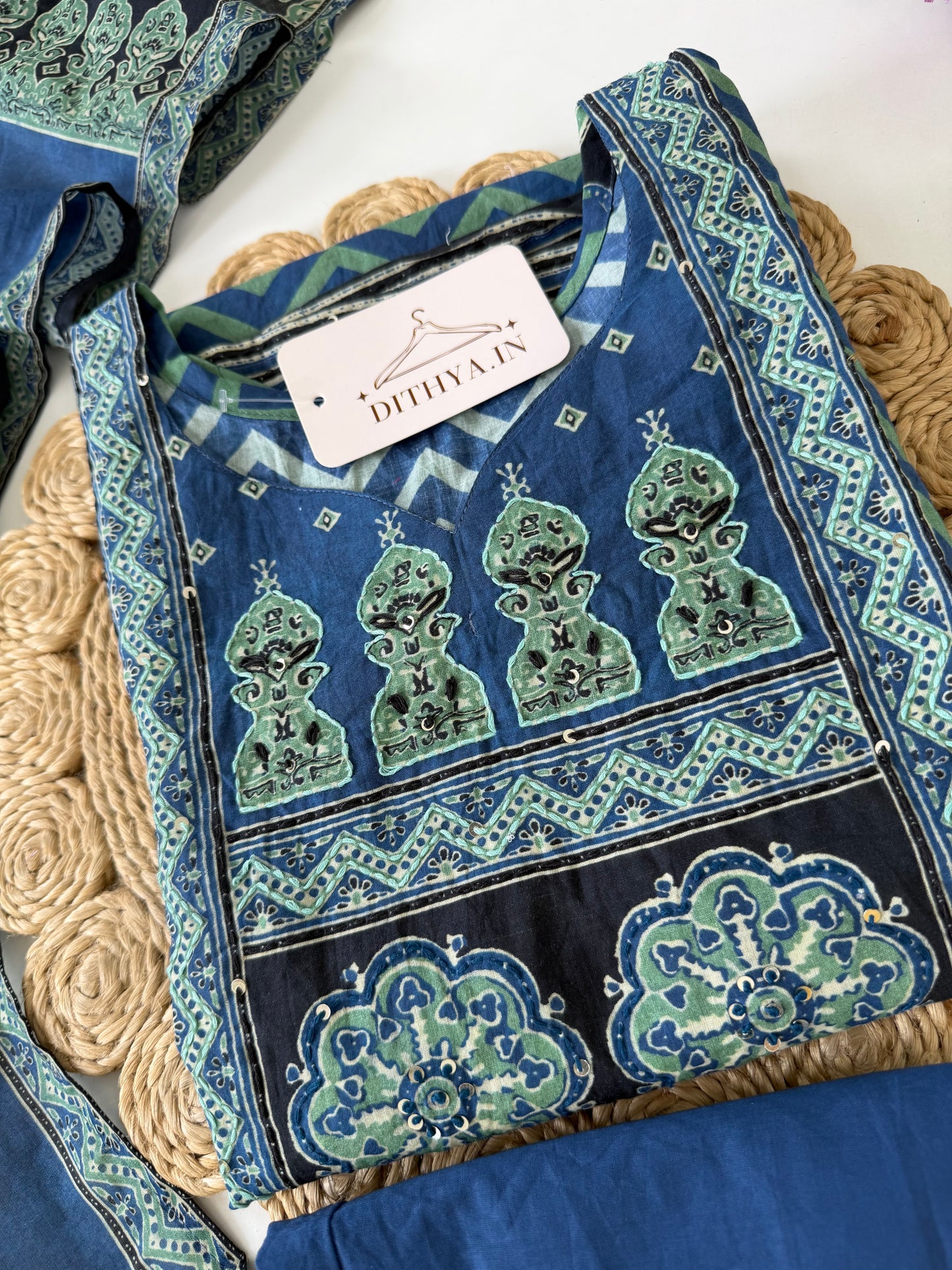 K144 - Mul cotton ajrakh embroidered straight Kurti with pants and dupatta