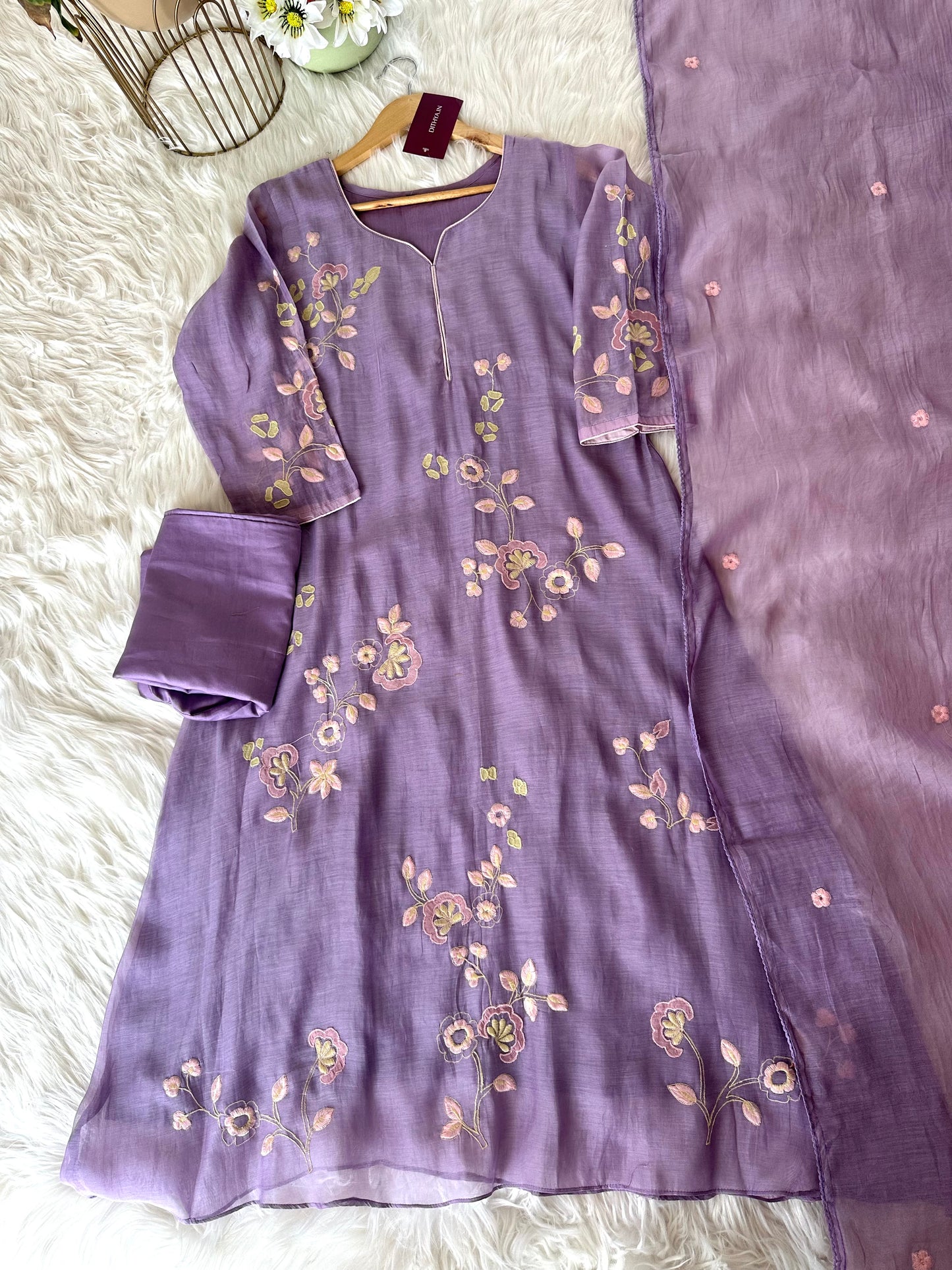K337 - Mul Chanderi Appliqué work Anarkali with pants and dupatta