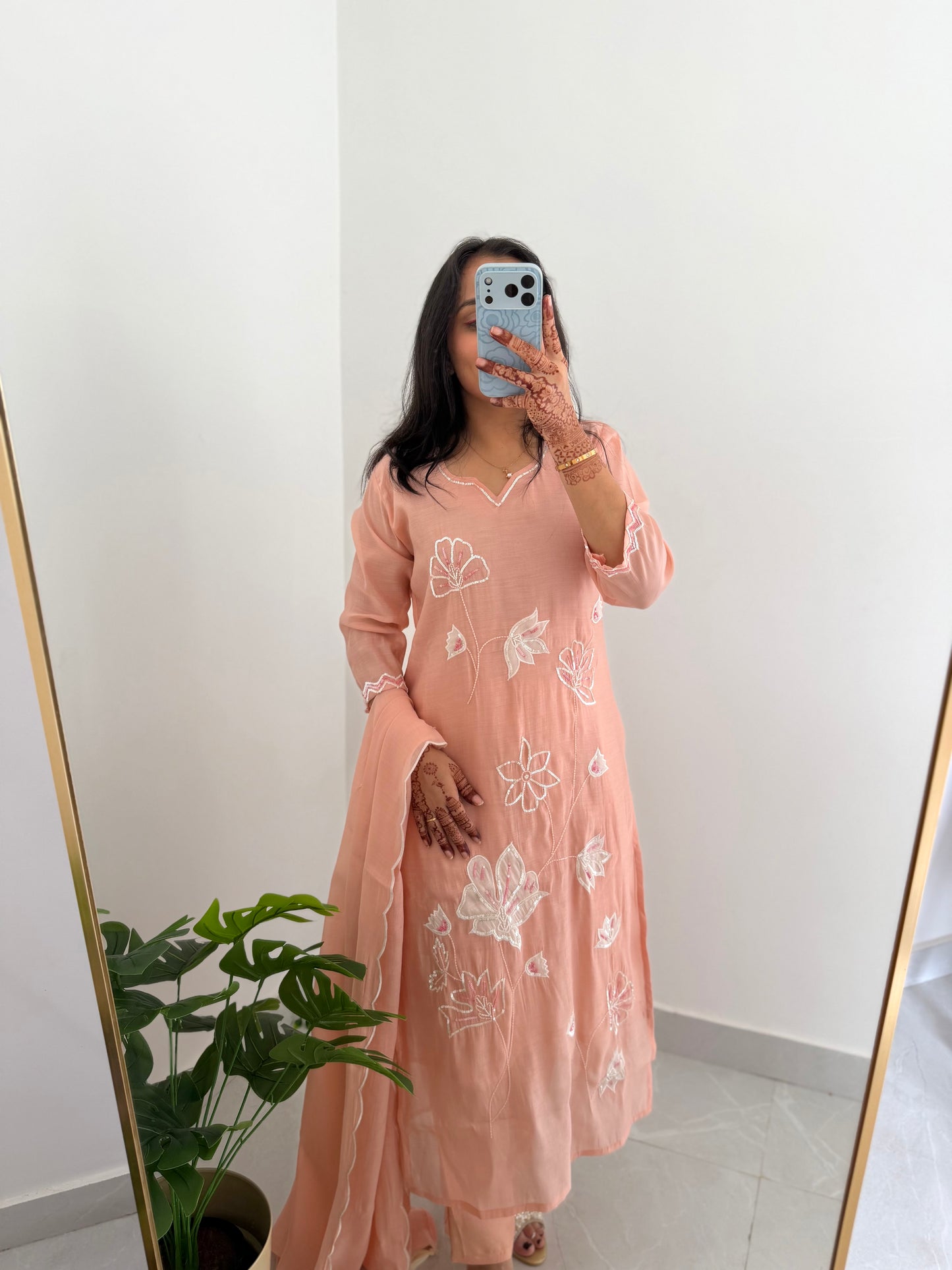 K237 - Mul chanderi appliqué work straight Kurti with pants and dupatta