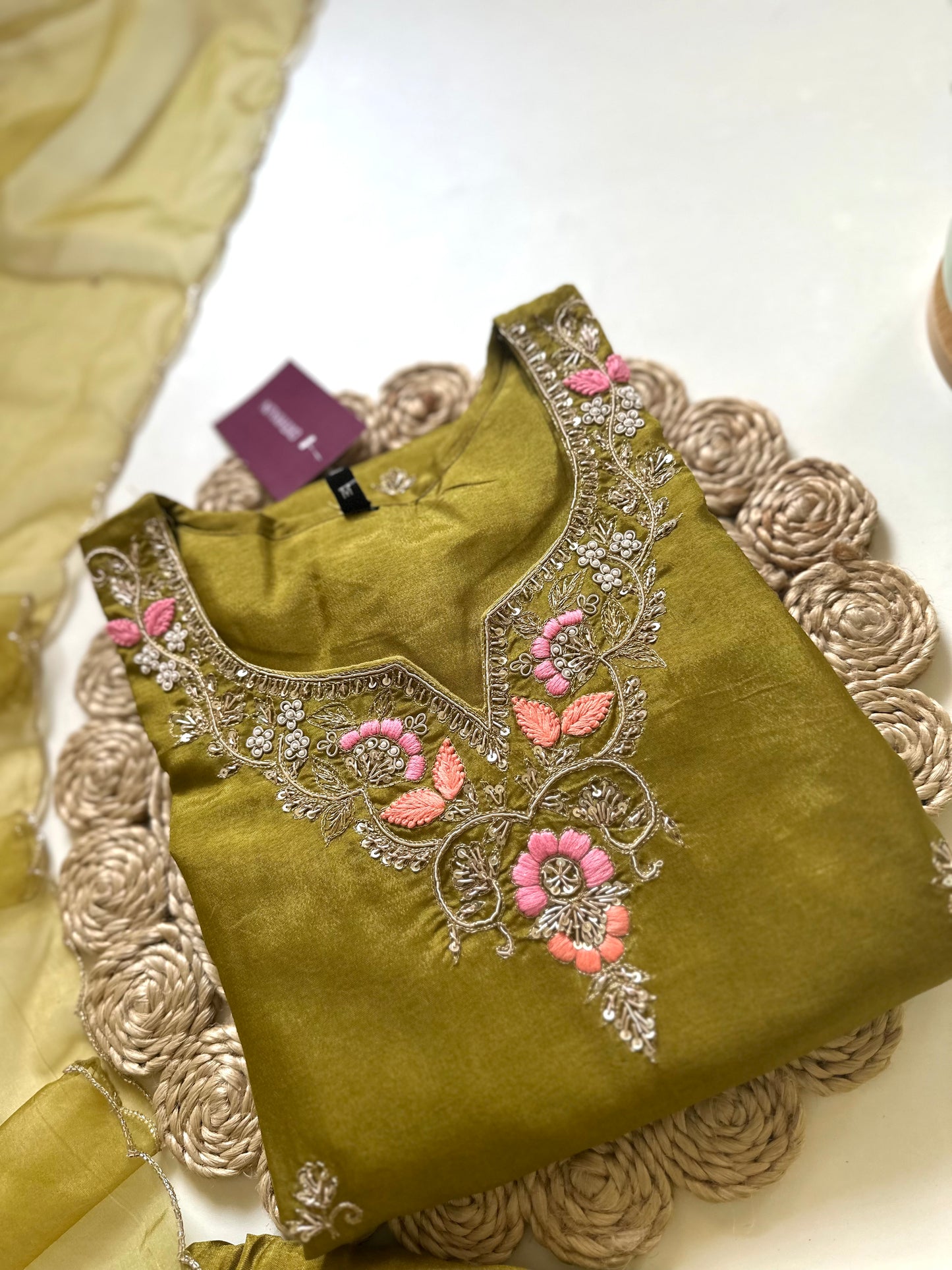 K087 - Russian silk handwork straight kurti with pants and organza dupatta .