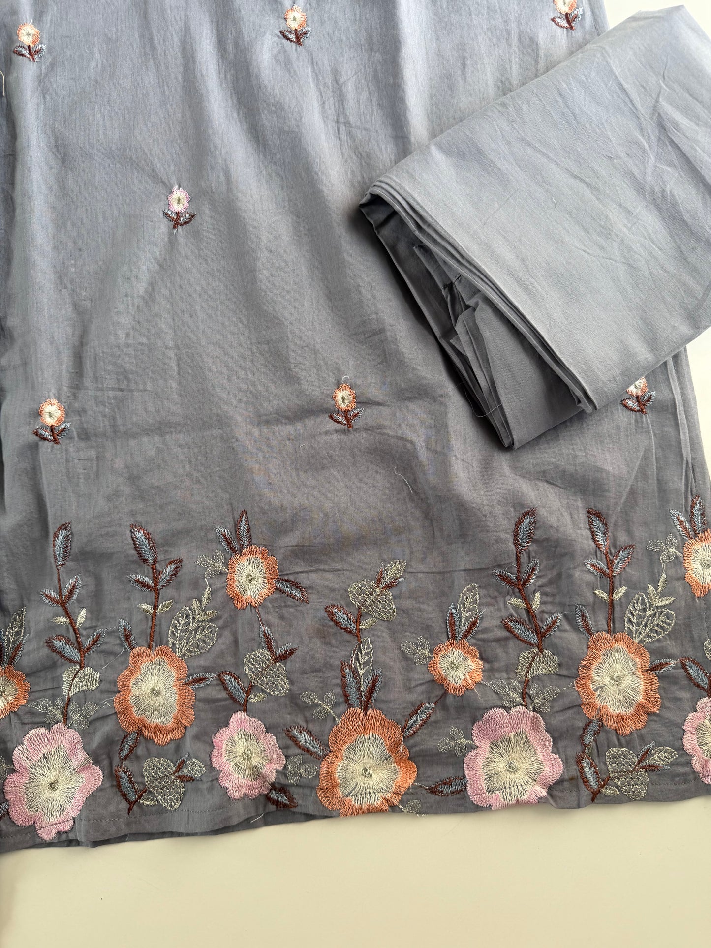 K132 - Mul cotton embroidered straight Kurti with pants and dupatta