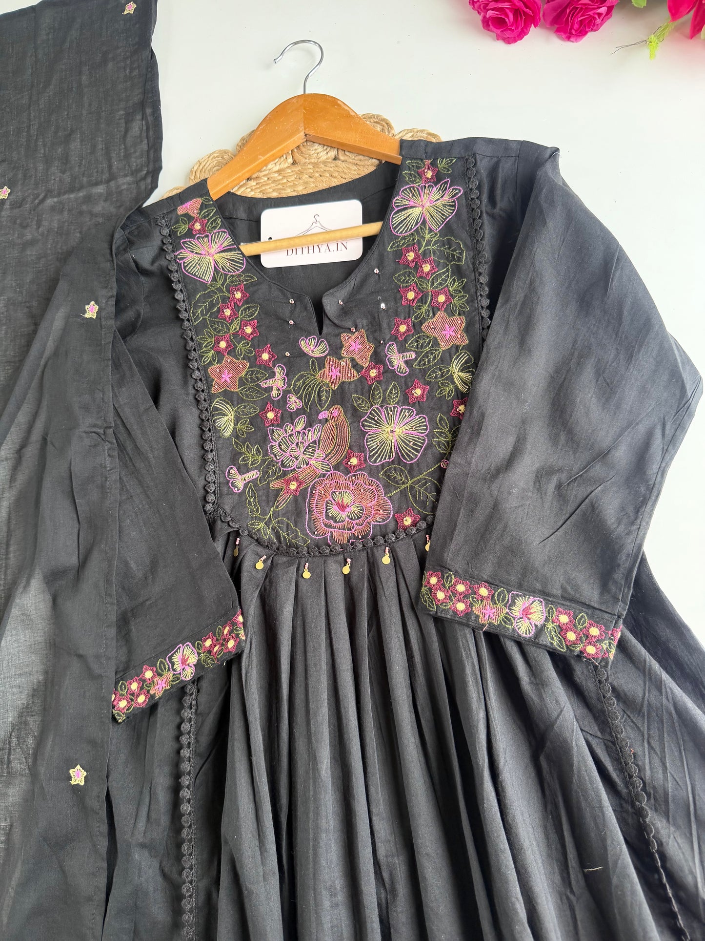 K506 - Mul cotton embroidered Anarkali with pants and dupatta