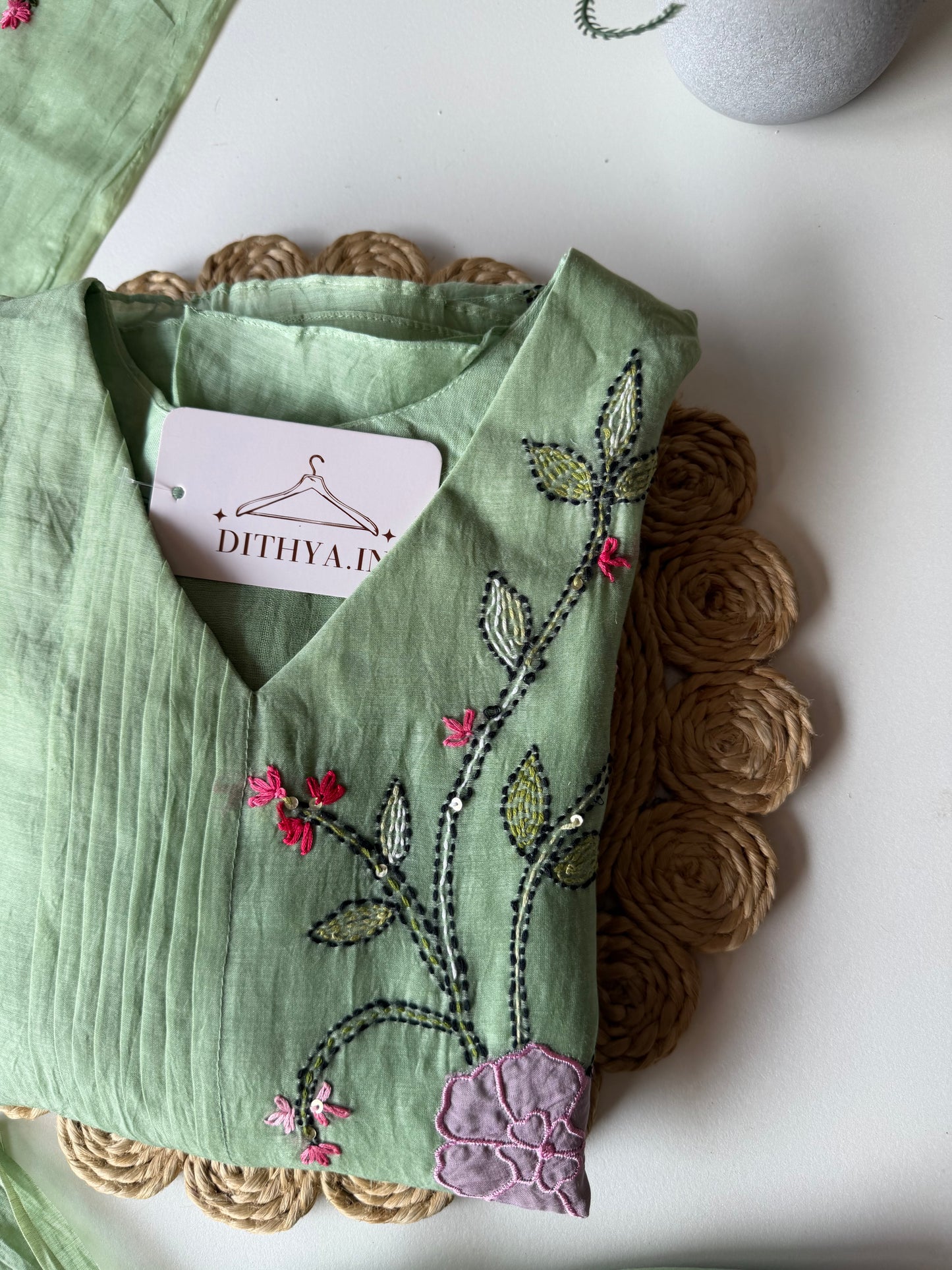 K636 - Mul chanderi hand embroidered Aline Kurti with pants and dupatta