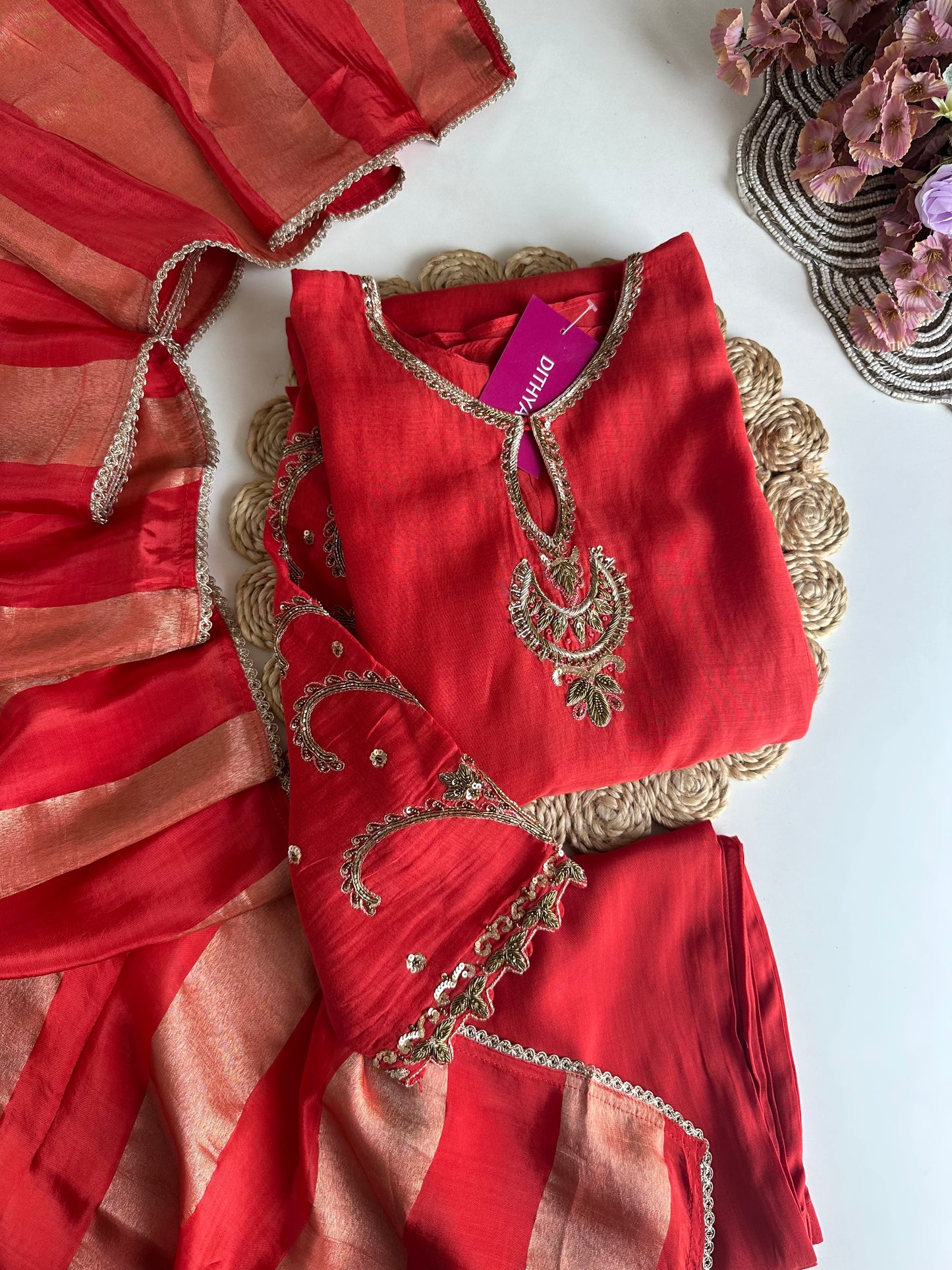 K035 - Mul Chanderi Handwork Aline Kurti with pants and dupatta