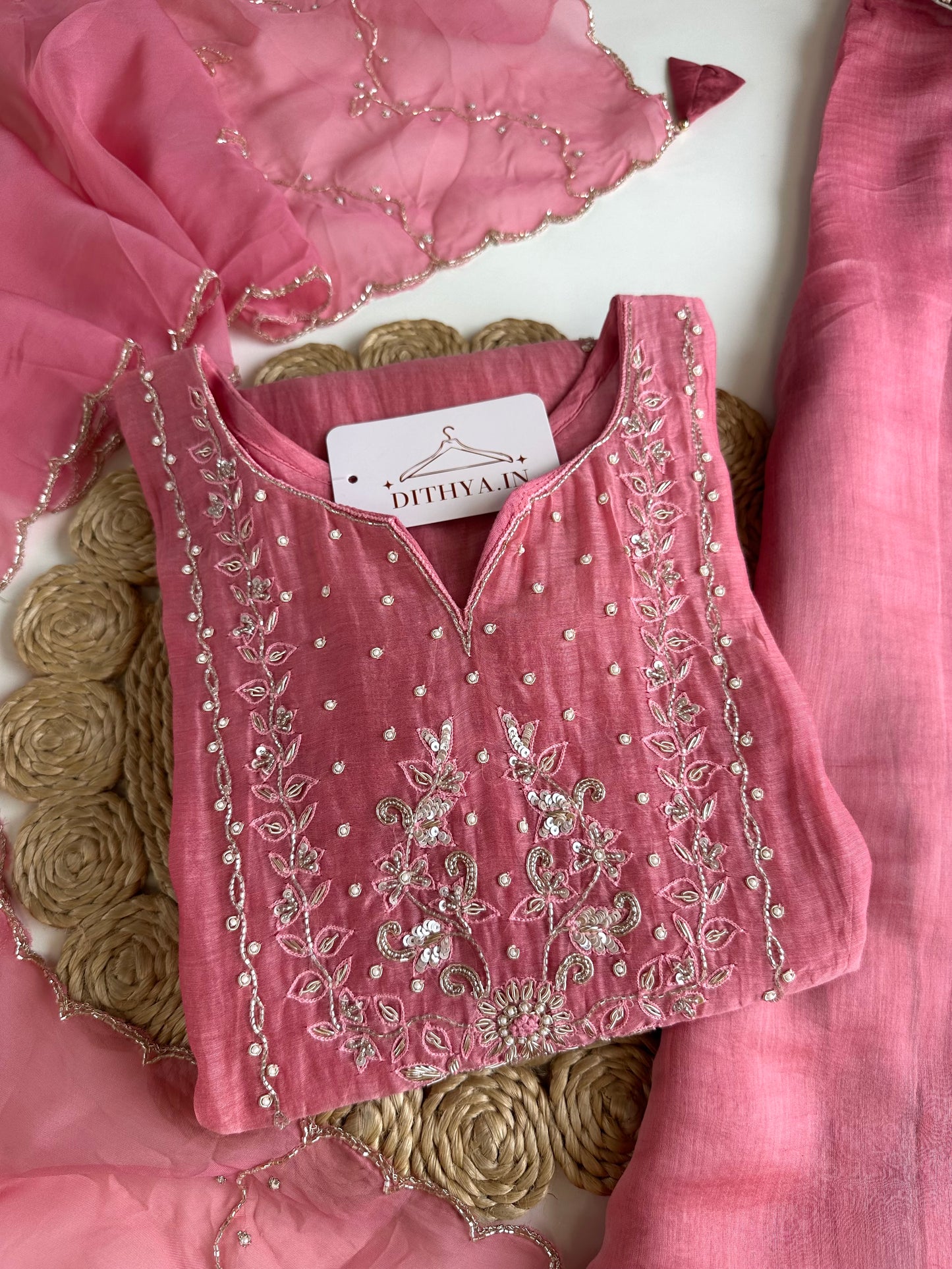 K195 - Mul Chanderi handwork Short Kurti with palazzo and dupatta