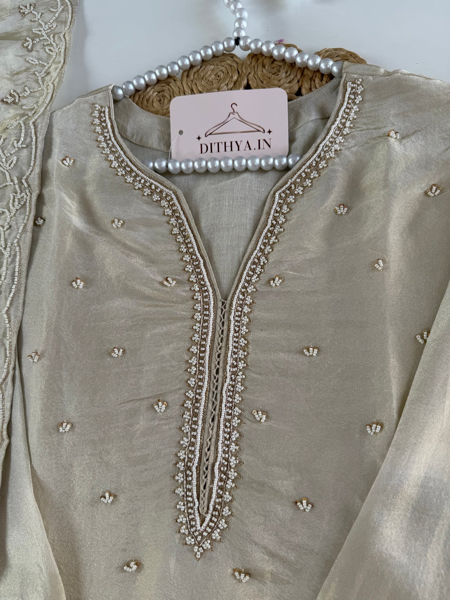 K602 - Tissue silk pearl work straight Kurti with pants and dupatta in 2 colours