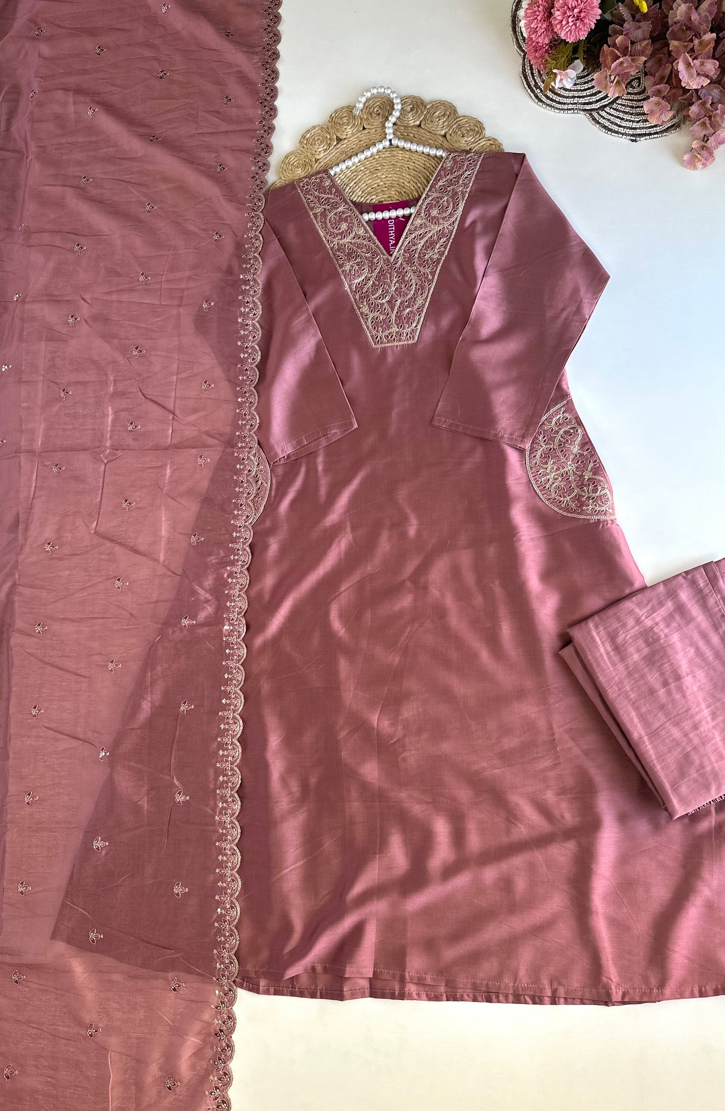 K457 - Roman silk zari work Aline Kurti with pants and dupatta in 2 colours