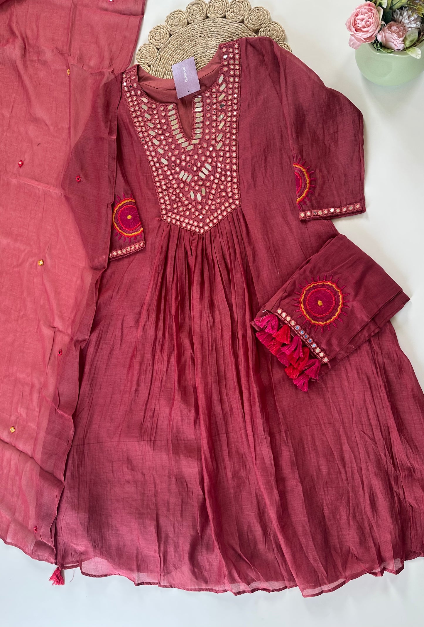 K208 - Mul Chanderi Mirror work Anarkali with pants and dupatta .