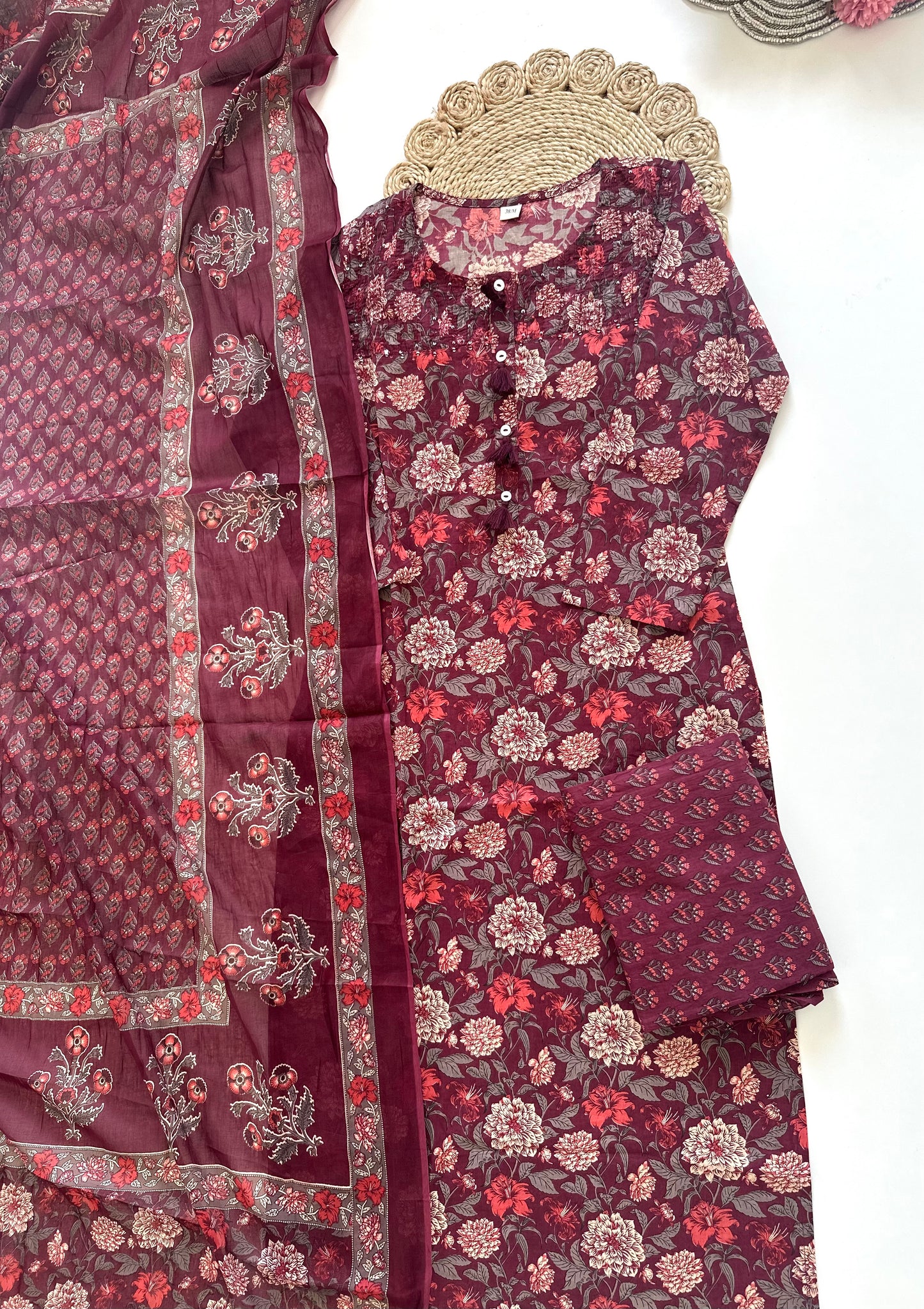 K367 - Cotton floral straight kurti with pants and dupatta .