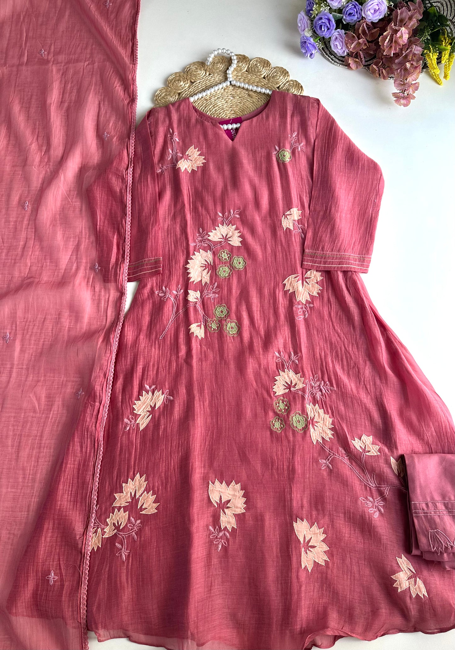 K030 - Mul Chanderi Appliqué work Aline Kurti with pants and dupatta
