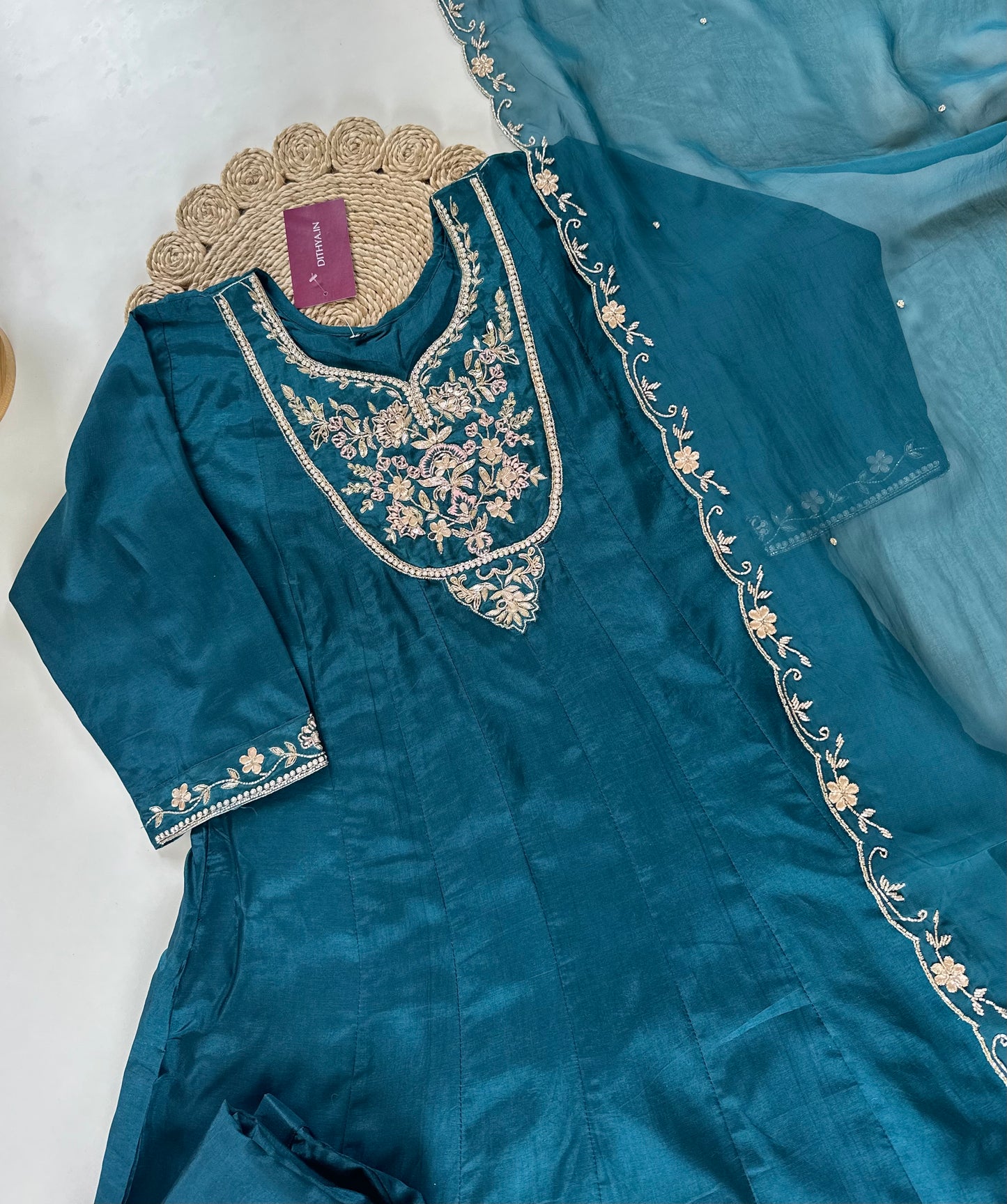 K076 - Zardosi Russian silk Anarkali with pants and dupatta .