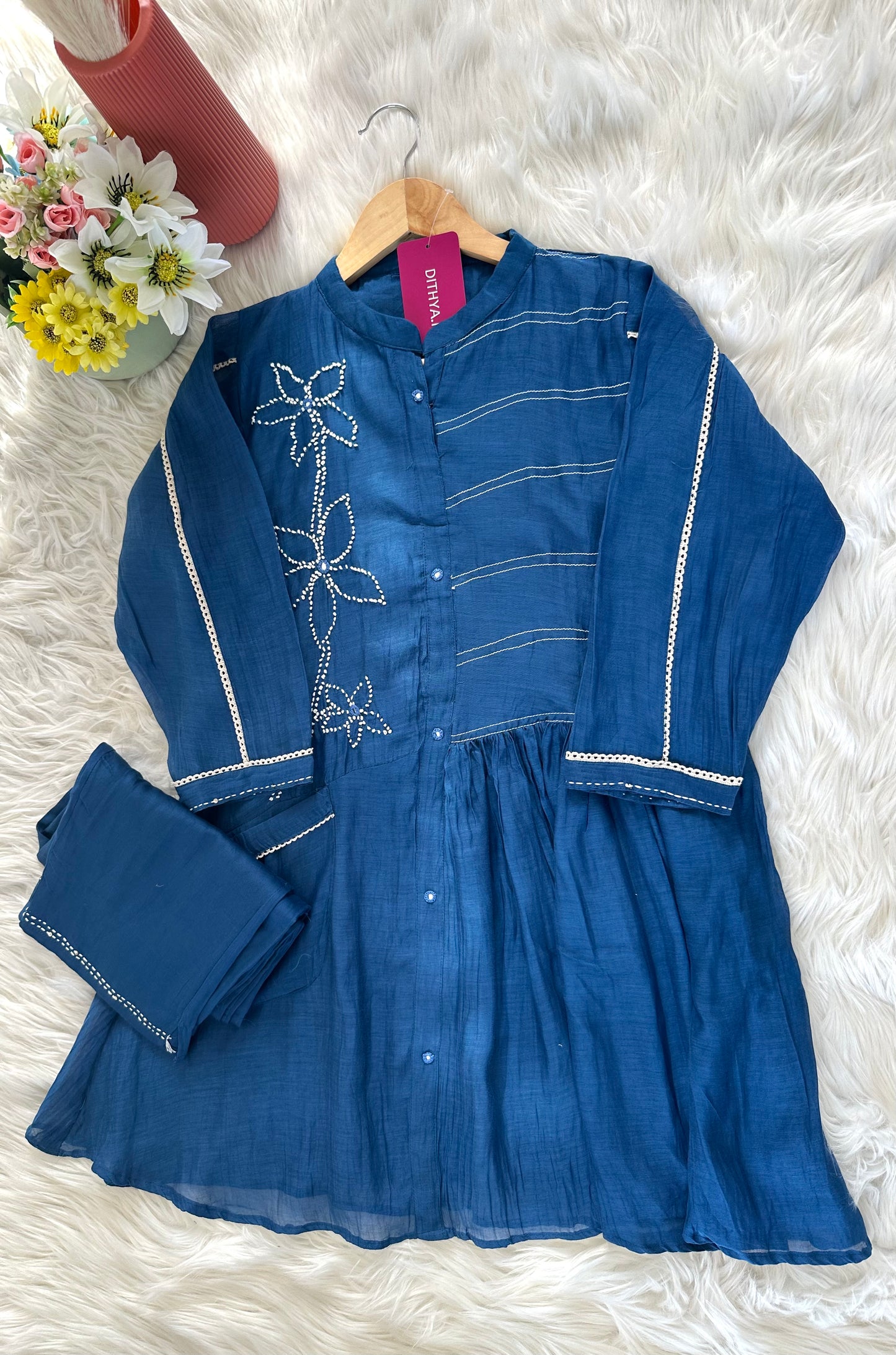 K373 - Mul Chanderi embroidered coord set in 2 colours