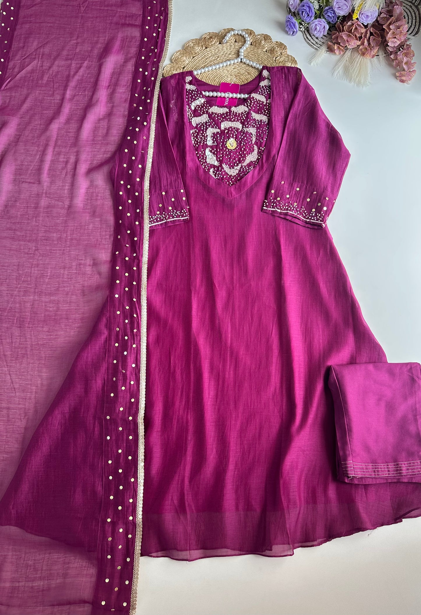 K032 - Pure mul Chanderi handwork Aline Kurti with pants and dupatta in 2 colours