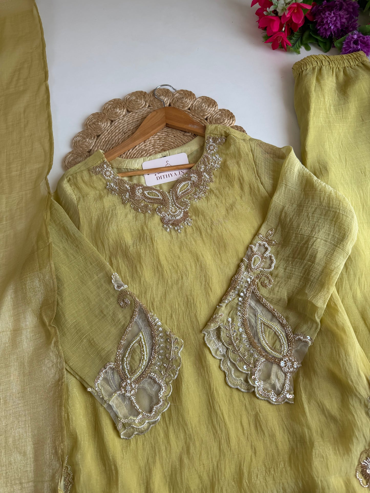K021 - Crush tissue handwork short Kurti with divider pants and dupatta