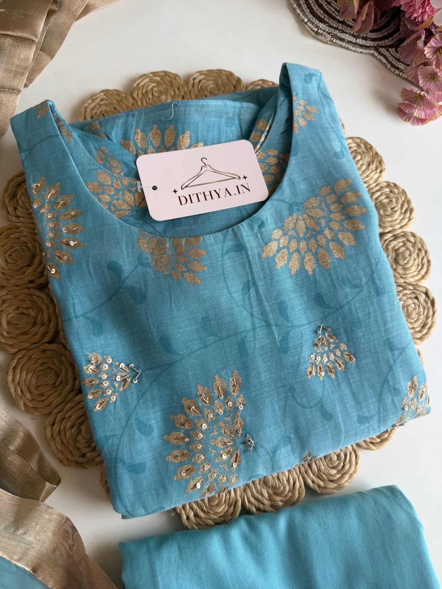 K502 - Mul chanderi handwork aline Kurti with pants and dupatta