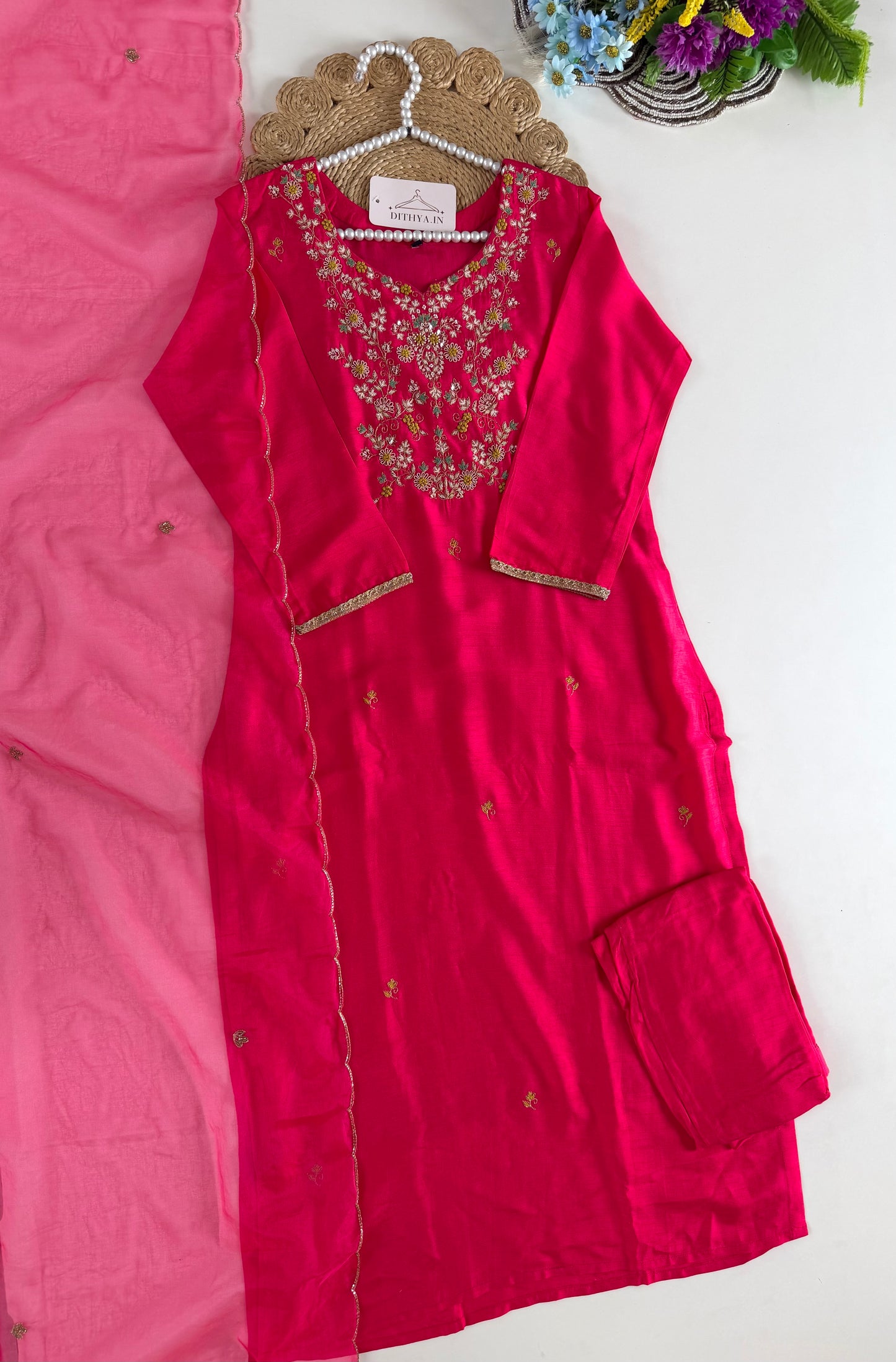 K617 - Dola silk handwork straight Kurti with pants and dupatta