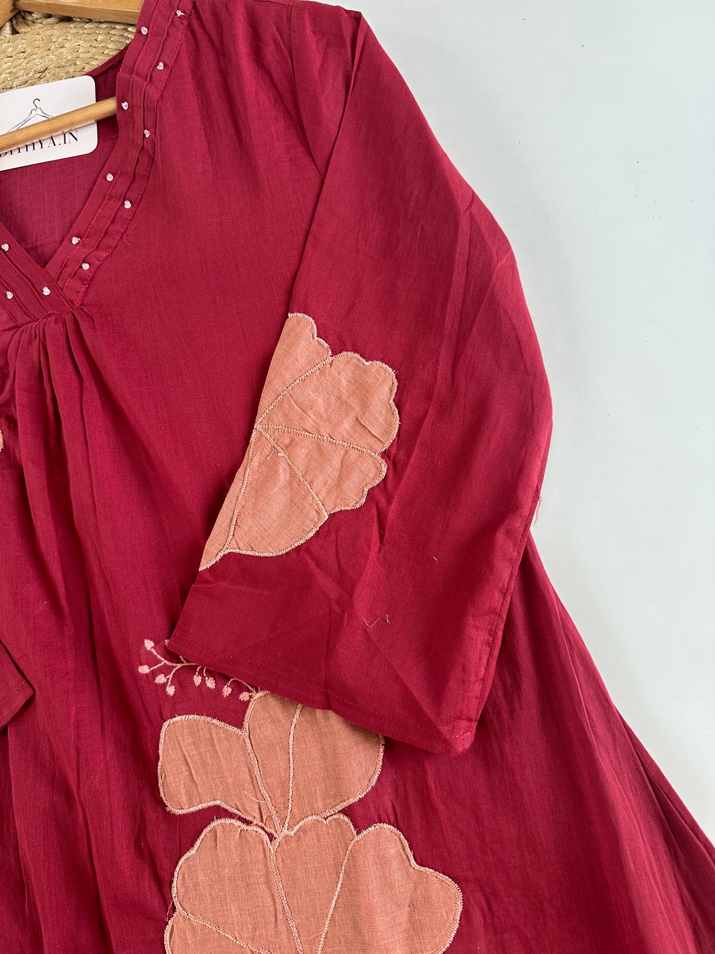 K243 - Mul cotton appliqué Aline Kurti with pants and dupatta