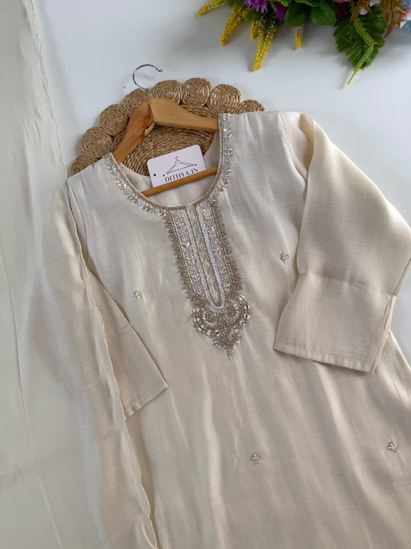K587 - Roman silk handwork straight Kurti with pants and dupatta