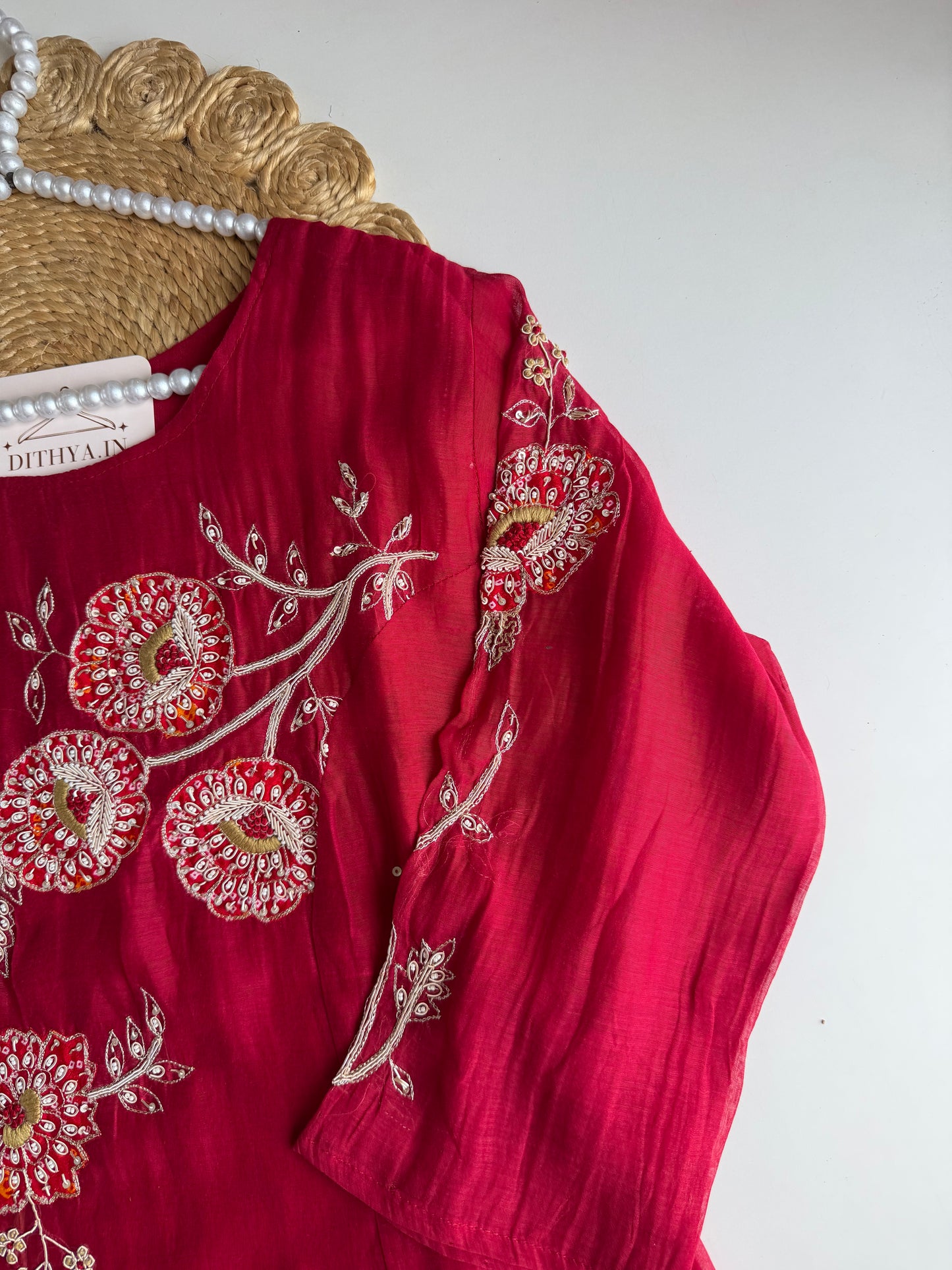 K465 - Mul chanderi handwork Aline Kurti with pants and dupatta