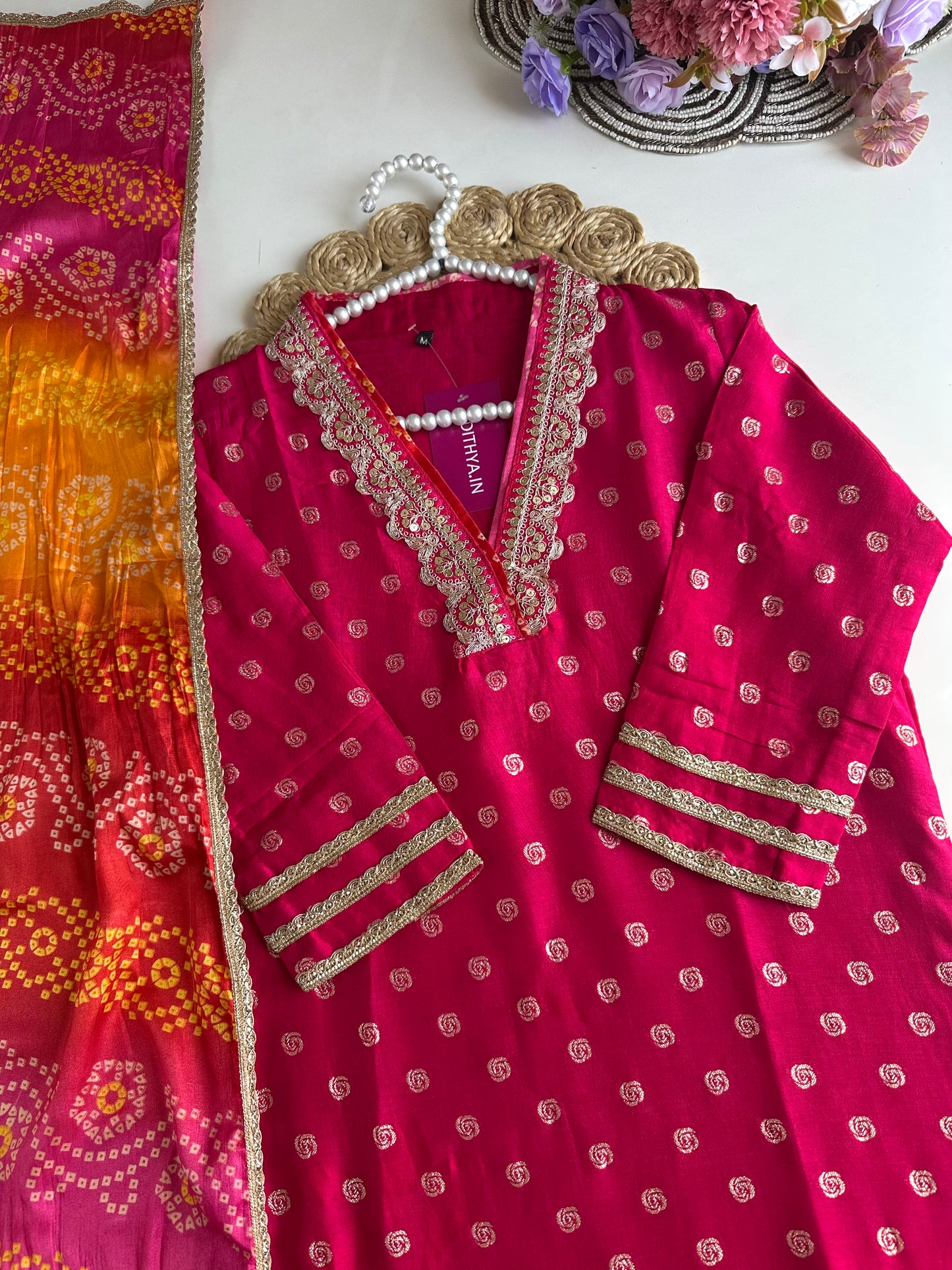 K109 - Jacquard silk straight kurti with pants and dupatta