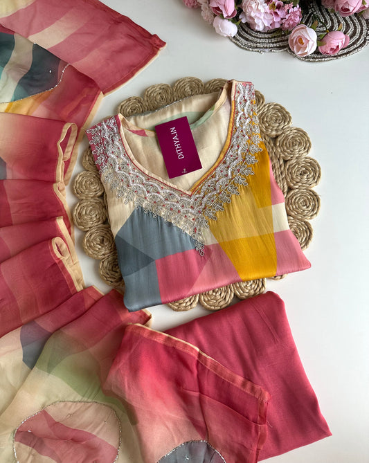 K025 - Pure crape handwork straight Kurti with pants and dupatta
