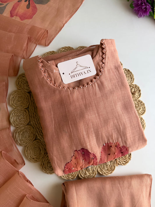 K639 - Mul chanderi embroidered Aline Kurti with pants and dupatta