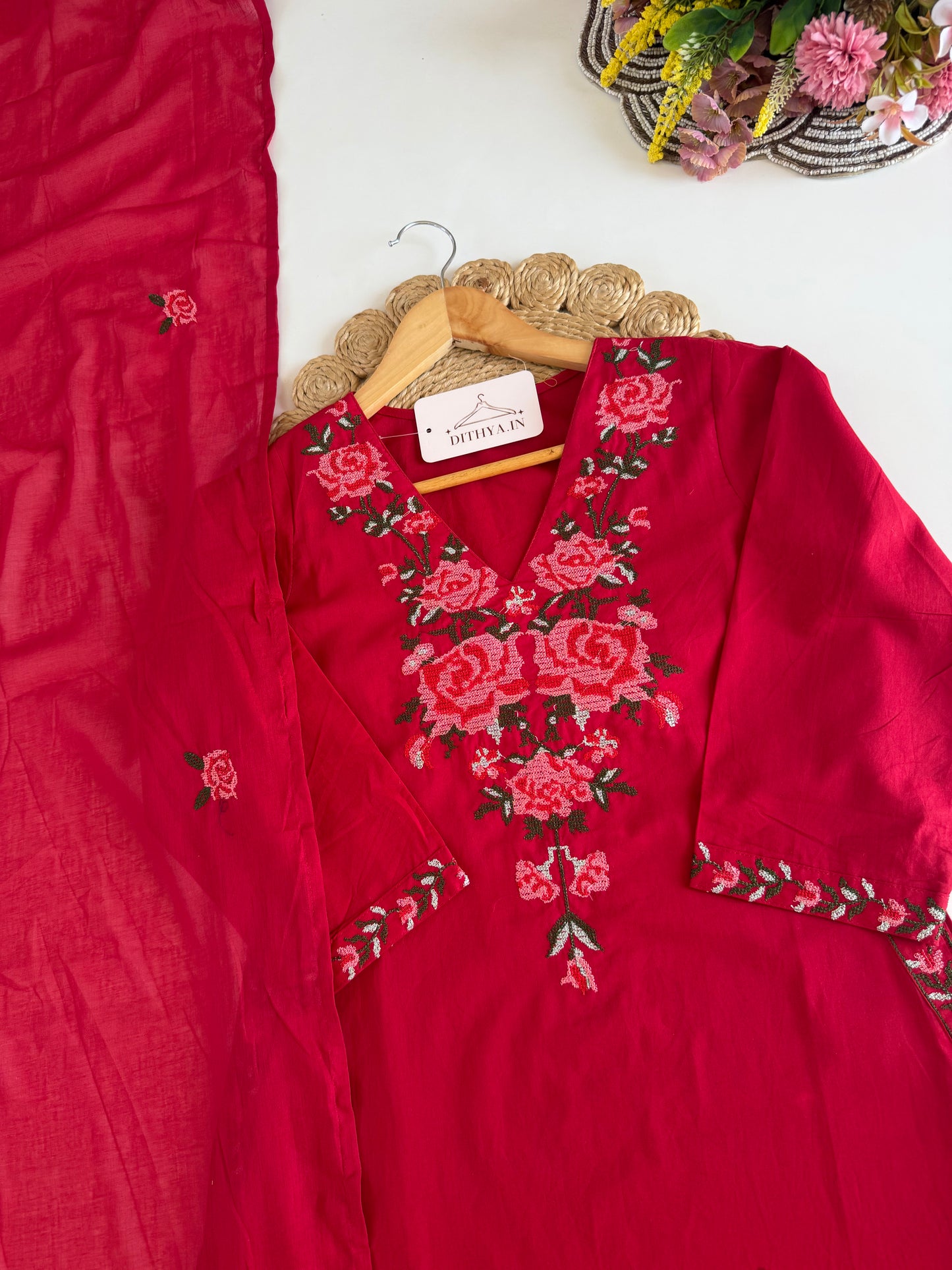 K270 - Mul cotton embroidered straight Kurti with pants and dupatta