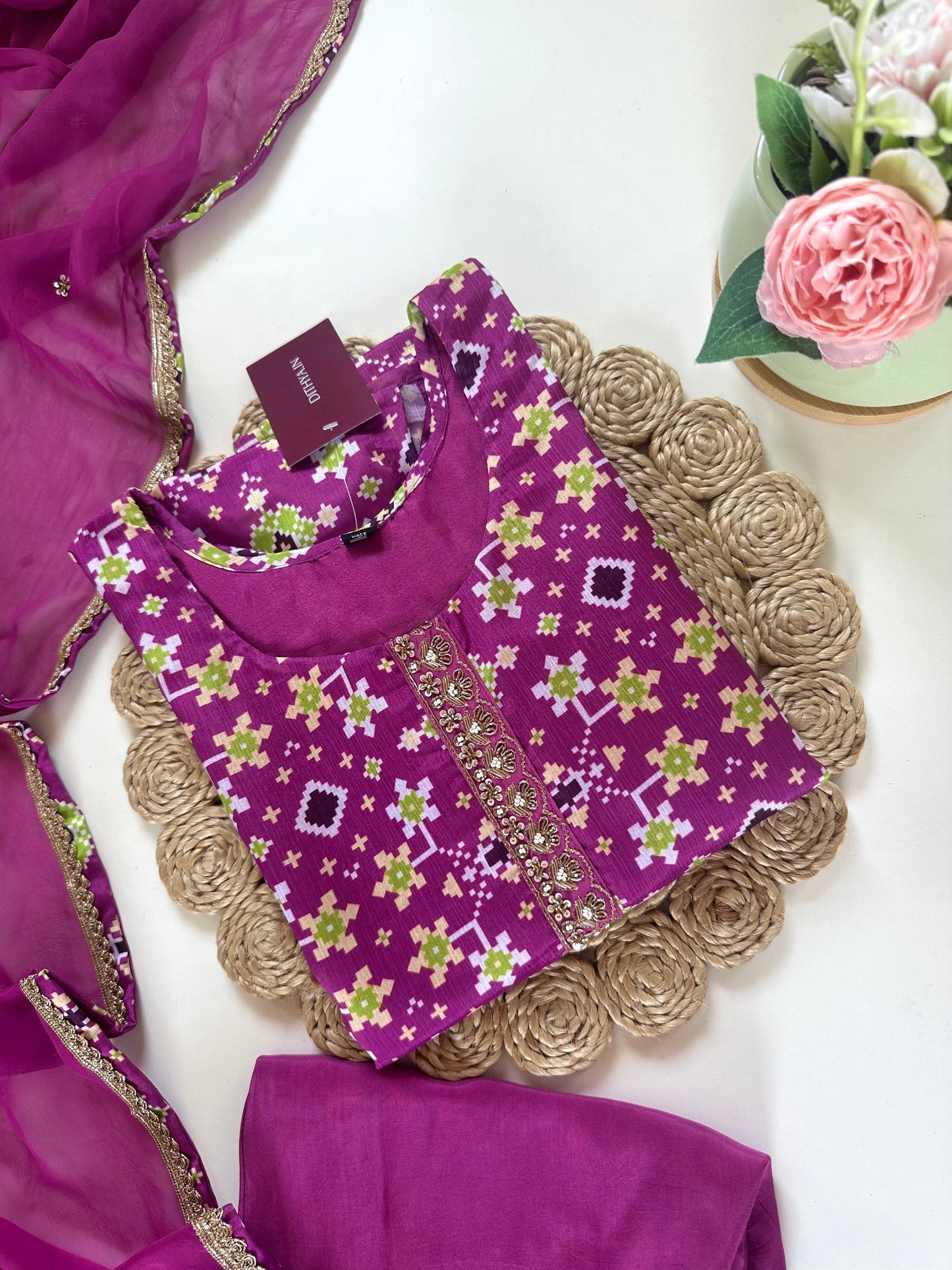 K430 - Viscose organza patola print straight Kurti with pants and dupatta