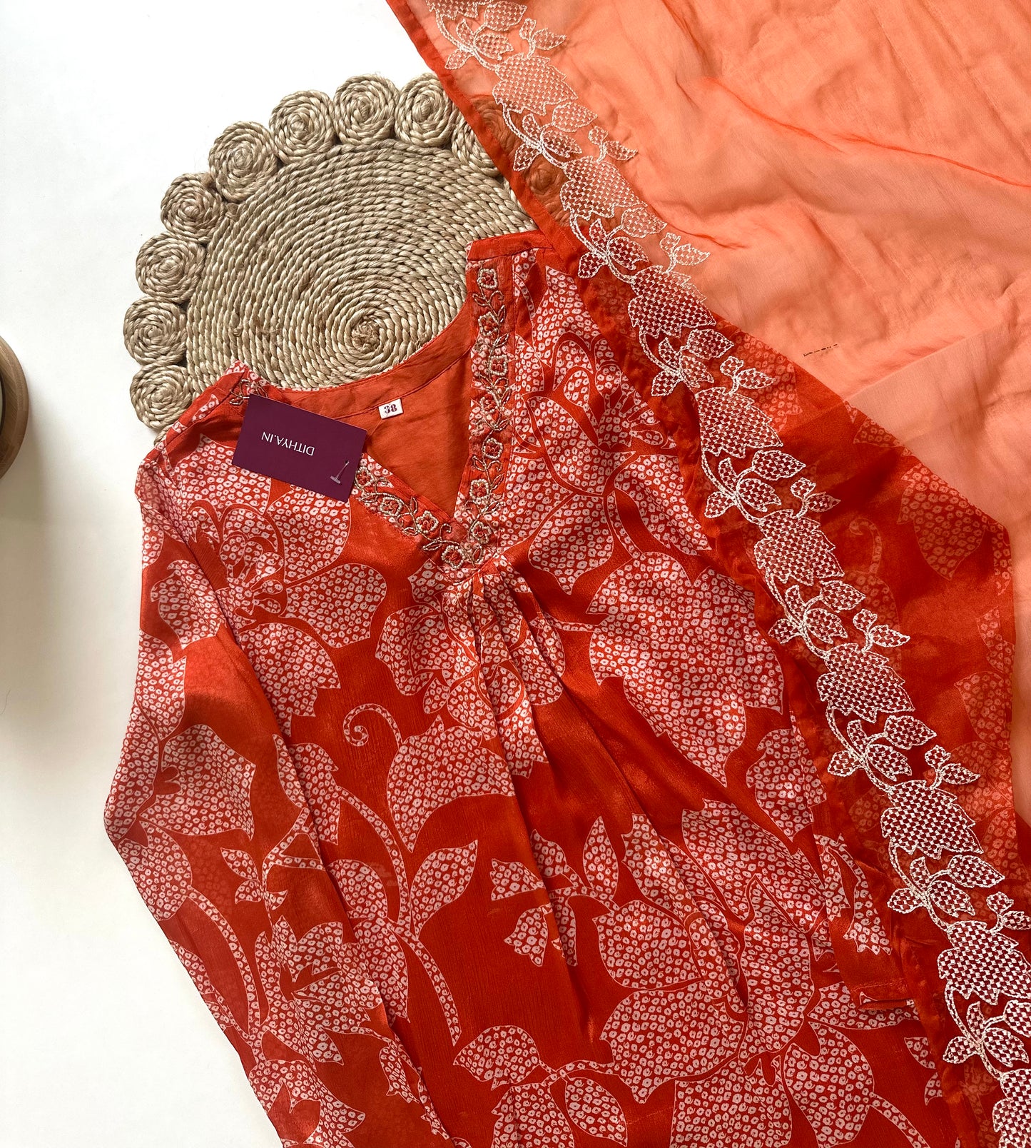 K203 - Chinnon Aline Kurti with pants and organza dupatta .