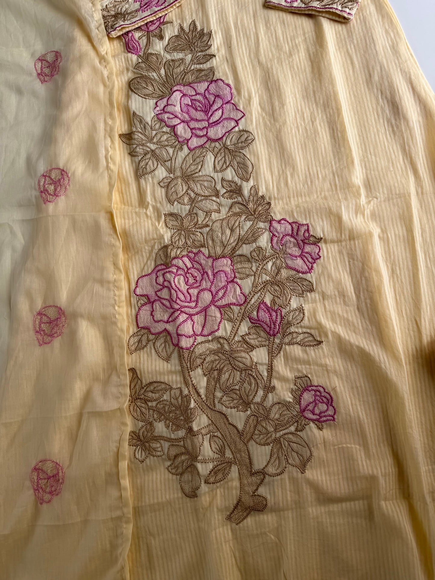 K109 - Self Mul cotton embroidered Aline Kurti with pants and dupatta