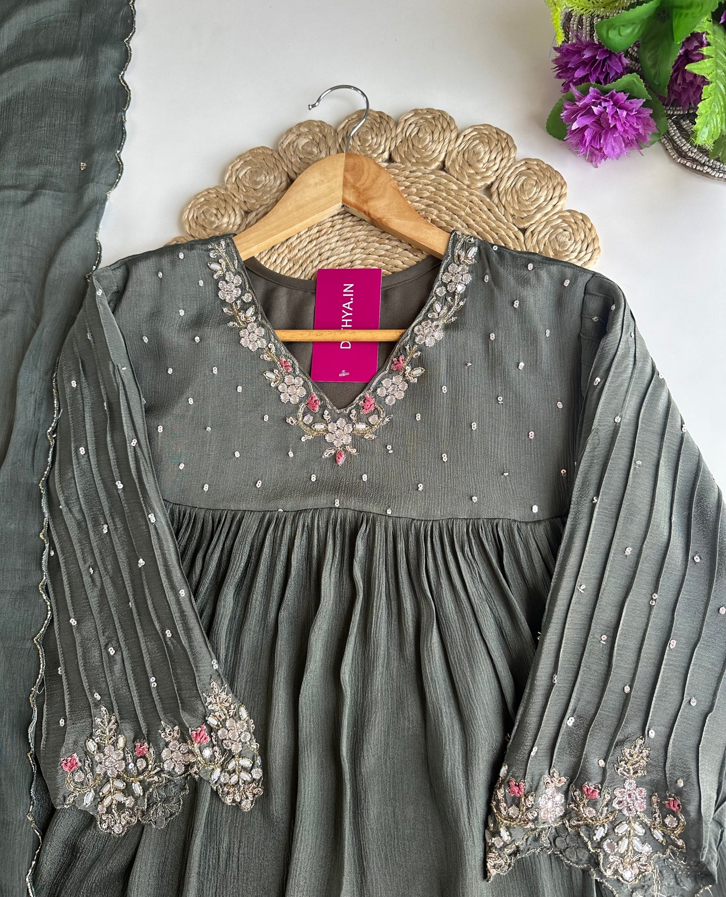 K028 - Pure Chinnon handwork Anarkali with pants and dupatta