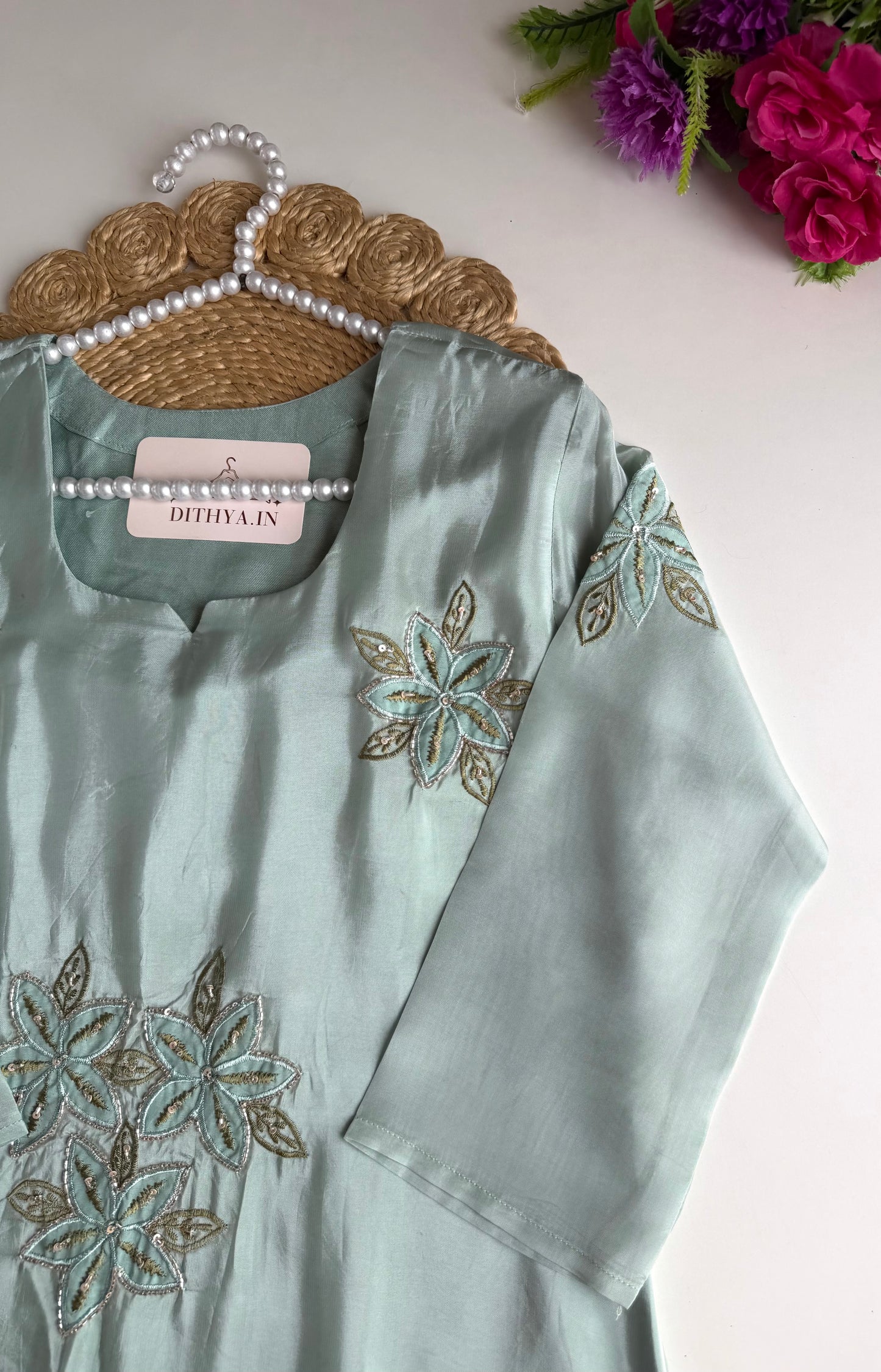 K708 - Pure crape handwork aline Kurti with pants and dupatta