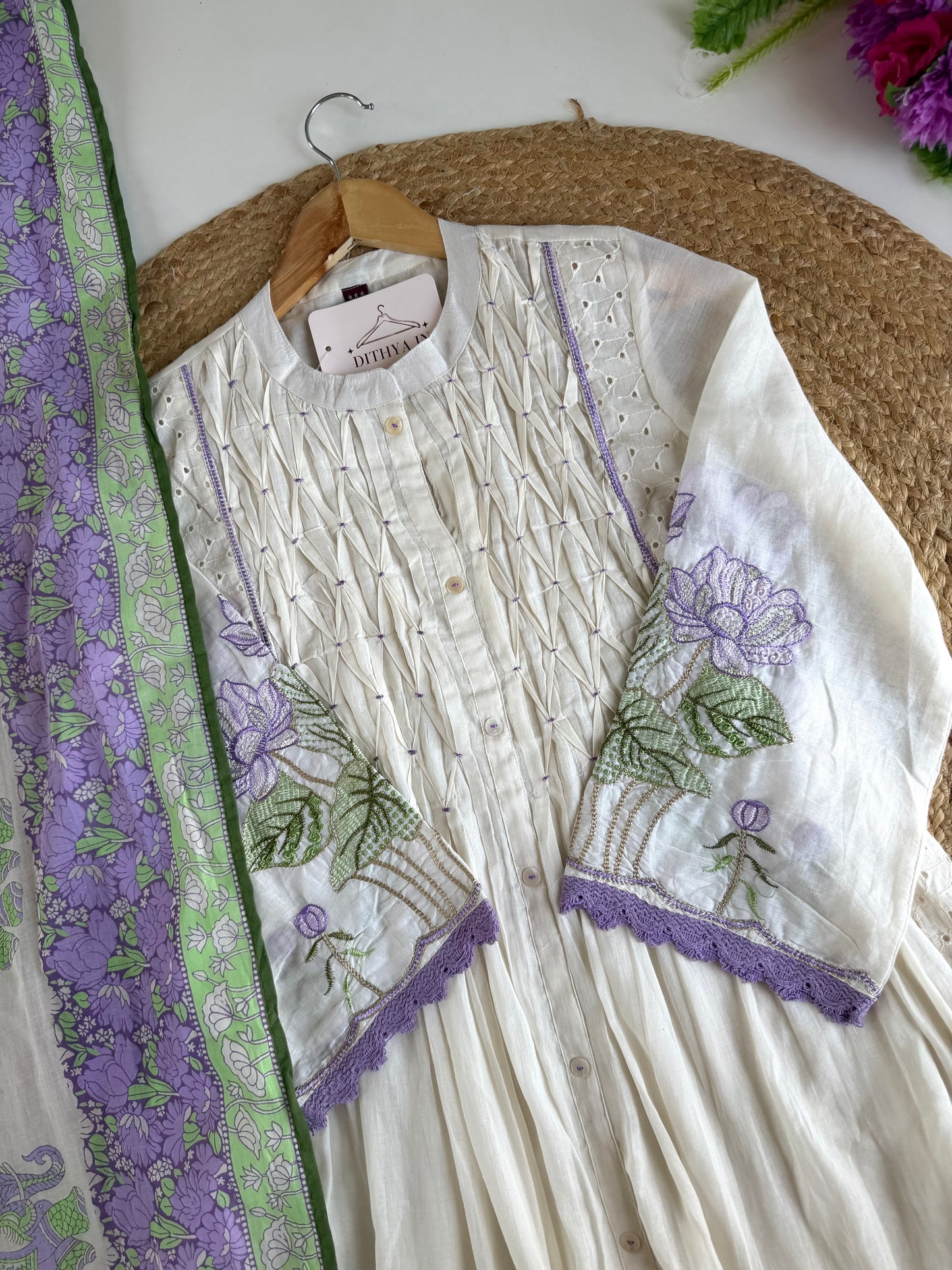 K004 - Mul cotton embroidered Anarkali with pants and dupatta
