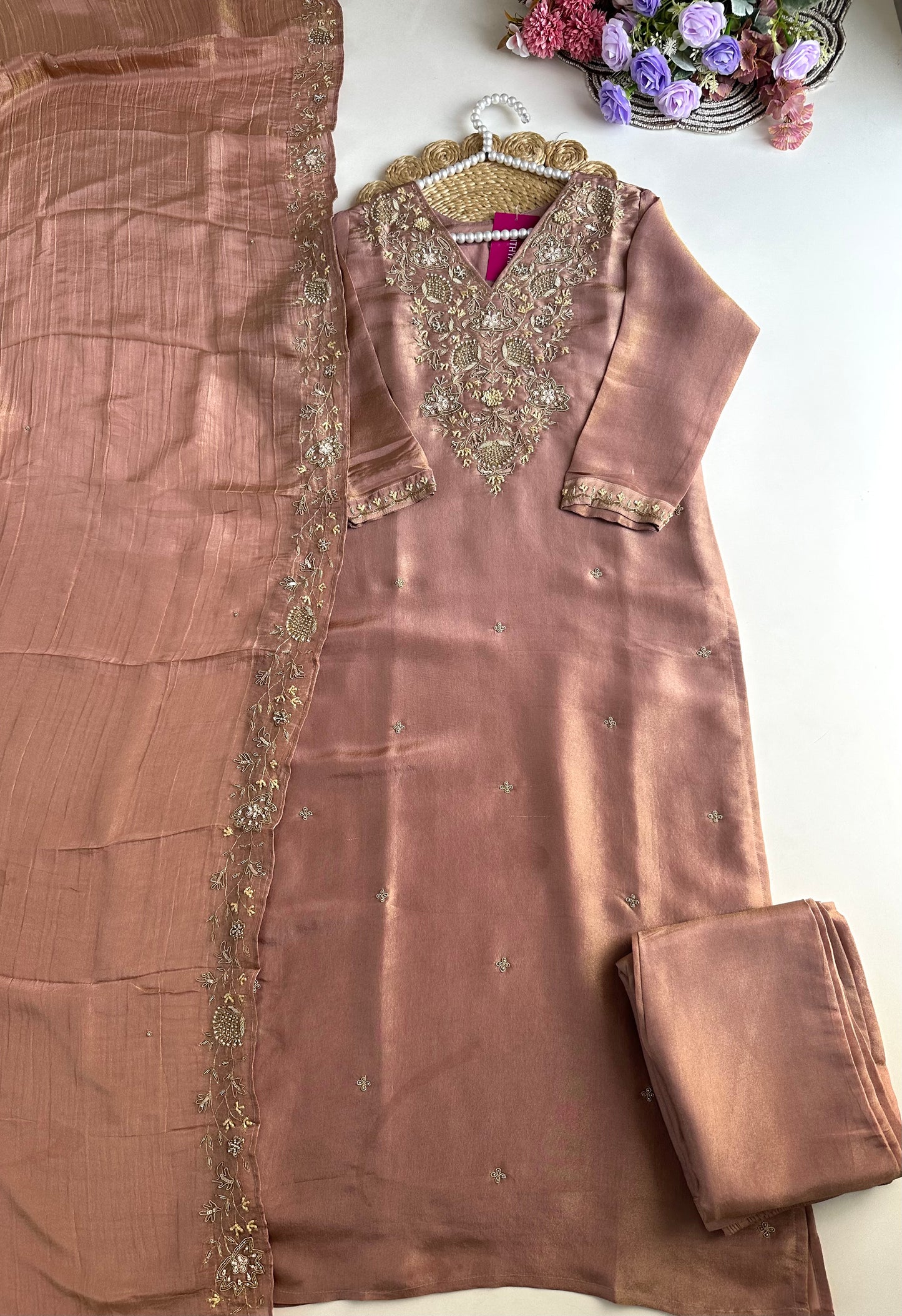 K060 - Tissue silk handwork straight kurti with pants and crushed dupatta