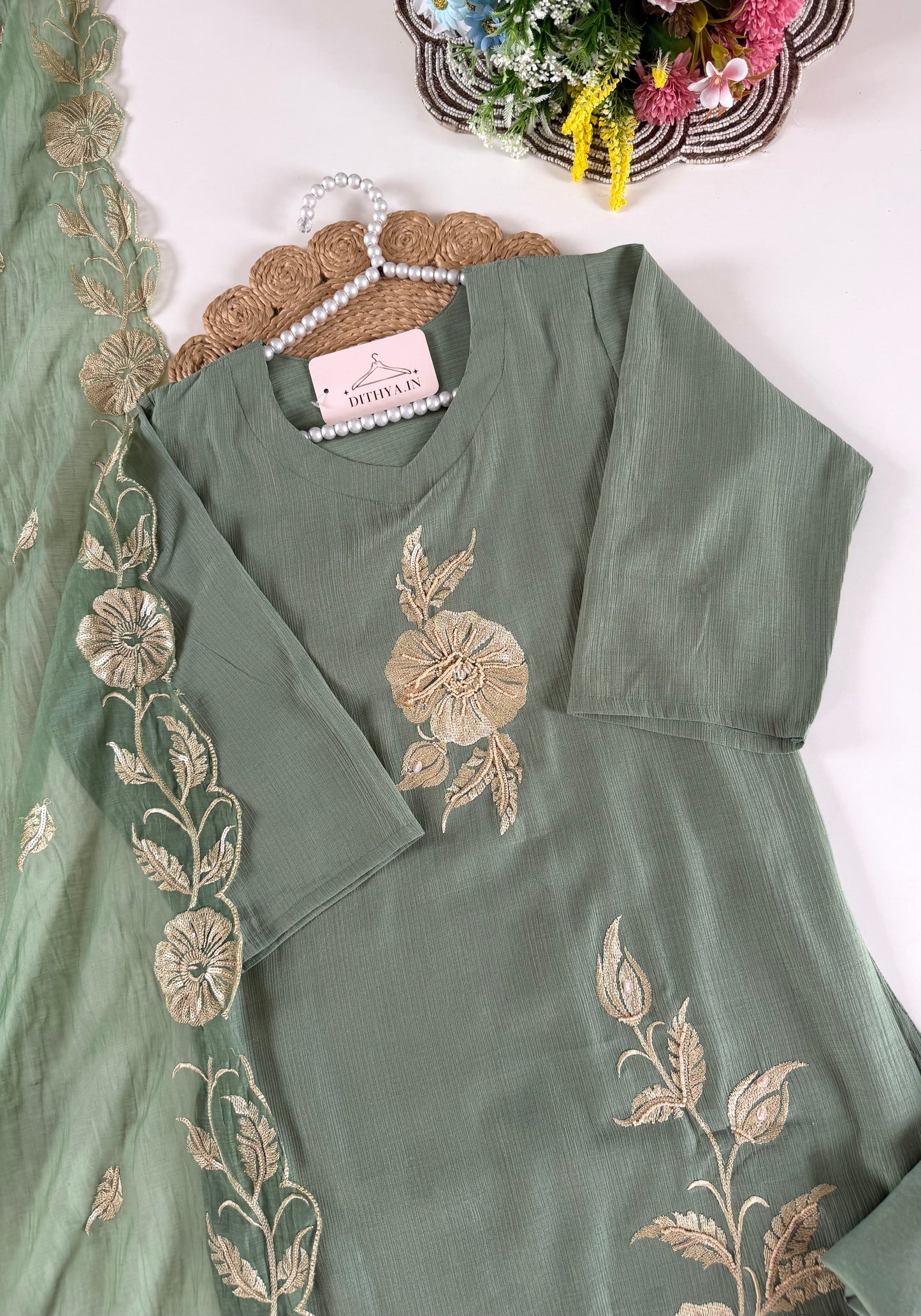 K542 - Muslin doriya embroidered straight Kurti with pants and dupatta