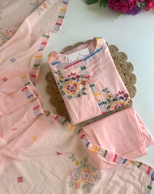 K220 - Mul cotton embroidered Anarkali with pants and dupatta
